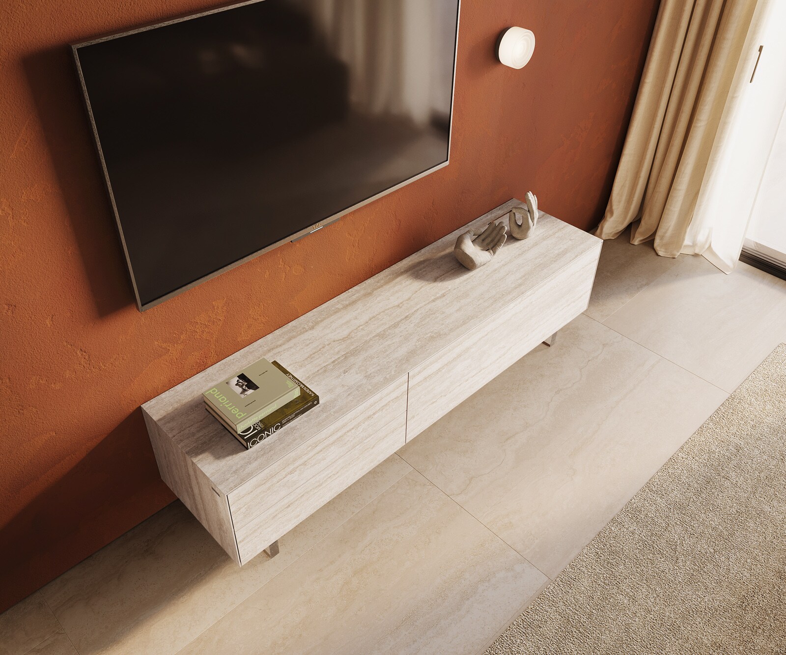 Ниска дъска Cuor 180 cm Керамичен ламинат® Travertino Bianco Крем-бяло 1 клапа 2 чекмеджета Основа Плаващ вид акрилно стъкло 4