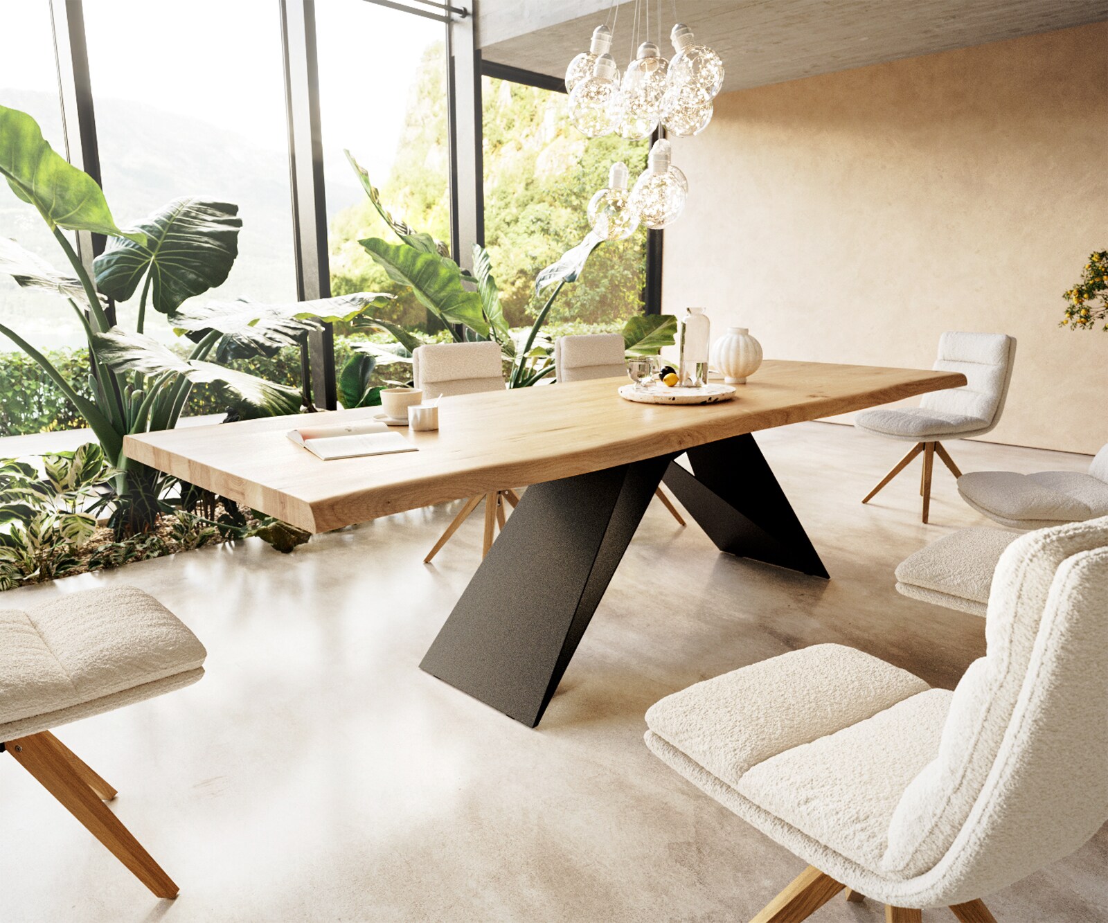 Маса 300x100 Дъб Натурал V-Рамка плоска стомана Черен Edge 1