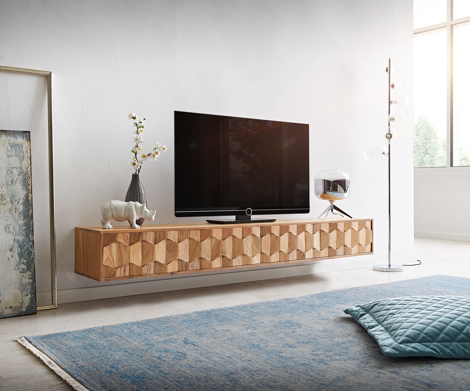 ТВ шкаф за стена Fevo 200 cm Масив Акация, 4 Врати, Натурален