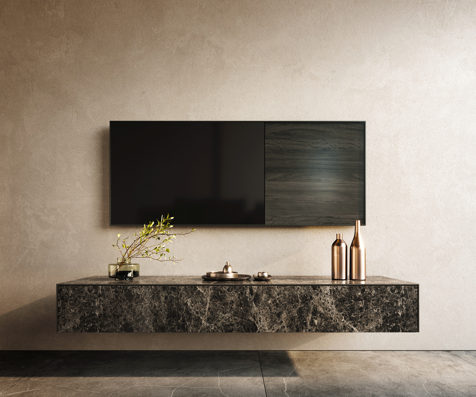 Стенен ТВ шкаф Cuor 150 см Керамика Laminam® Emperador Extra Lucidato Тъмно-кафяво 1 врата 1 чекмедже  1
