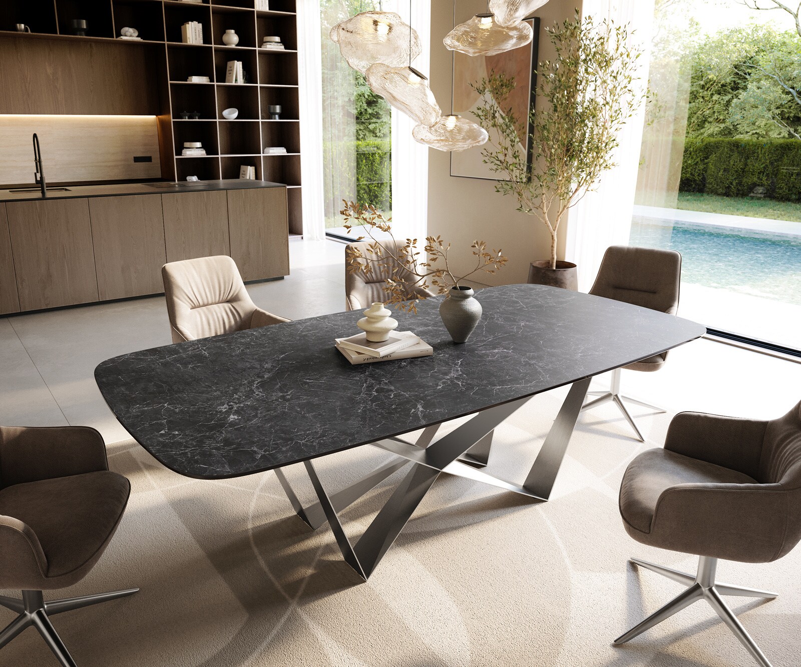 Трапезна маса Edge Boot 240x120 см, керамика Laminam „®“, „Nero Greco“, „Anthrazit Spider“, плоска стомана, неръждаема стомана 1