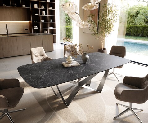 Трапезна маса Edge Boot 240x120 см, керамика Laminam „®“, „Nero Greco“, „Anthrazit Spider“, плоска стомана, неръждаема стомана