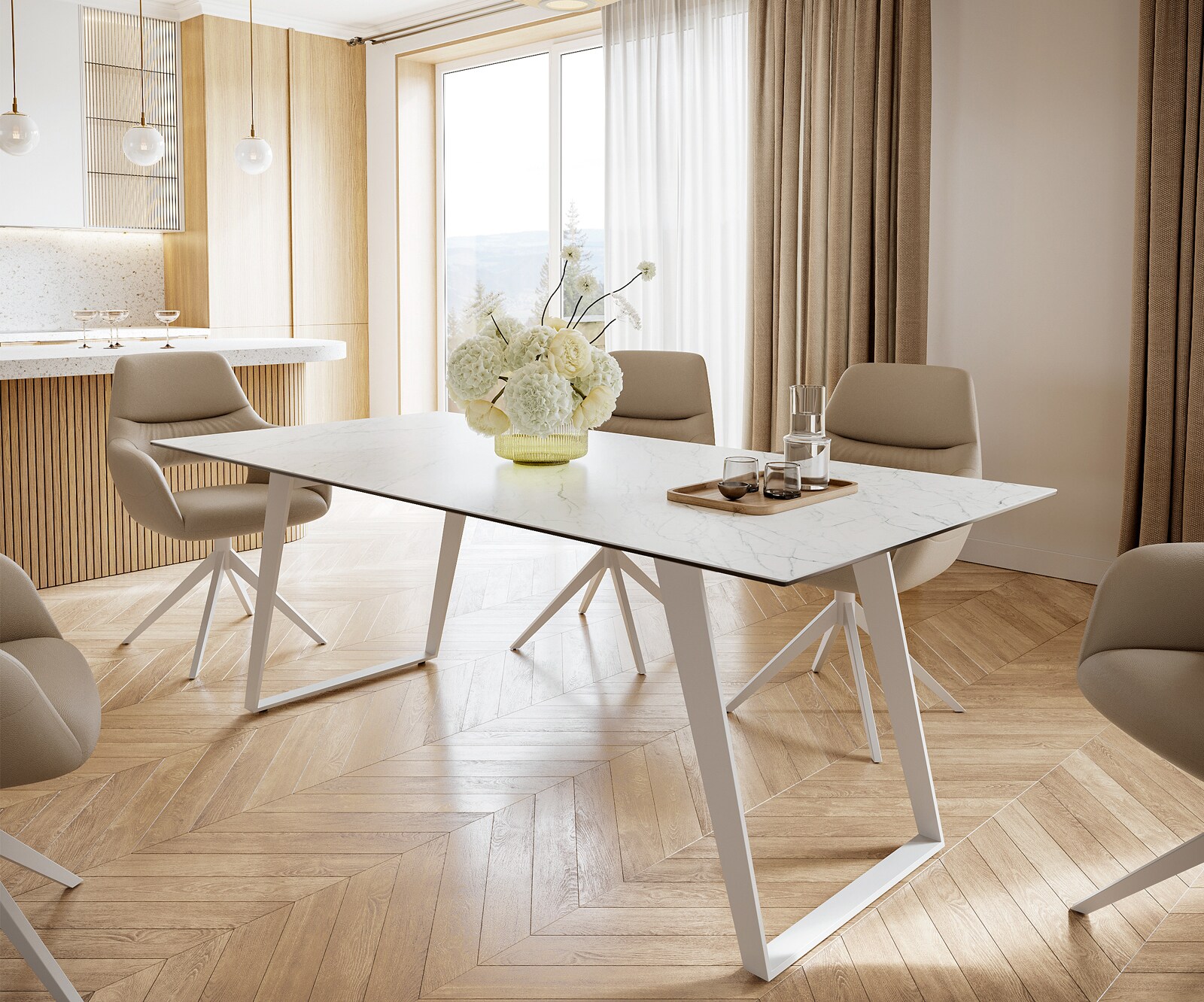 Трапезна маса Edge 200x100 см, керамика Laminam „®“, Statuarietto бяло, метал, наклонена бяла 1