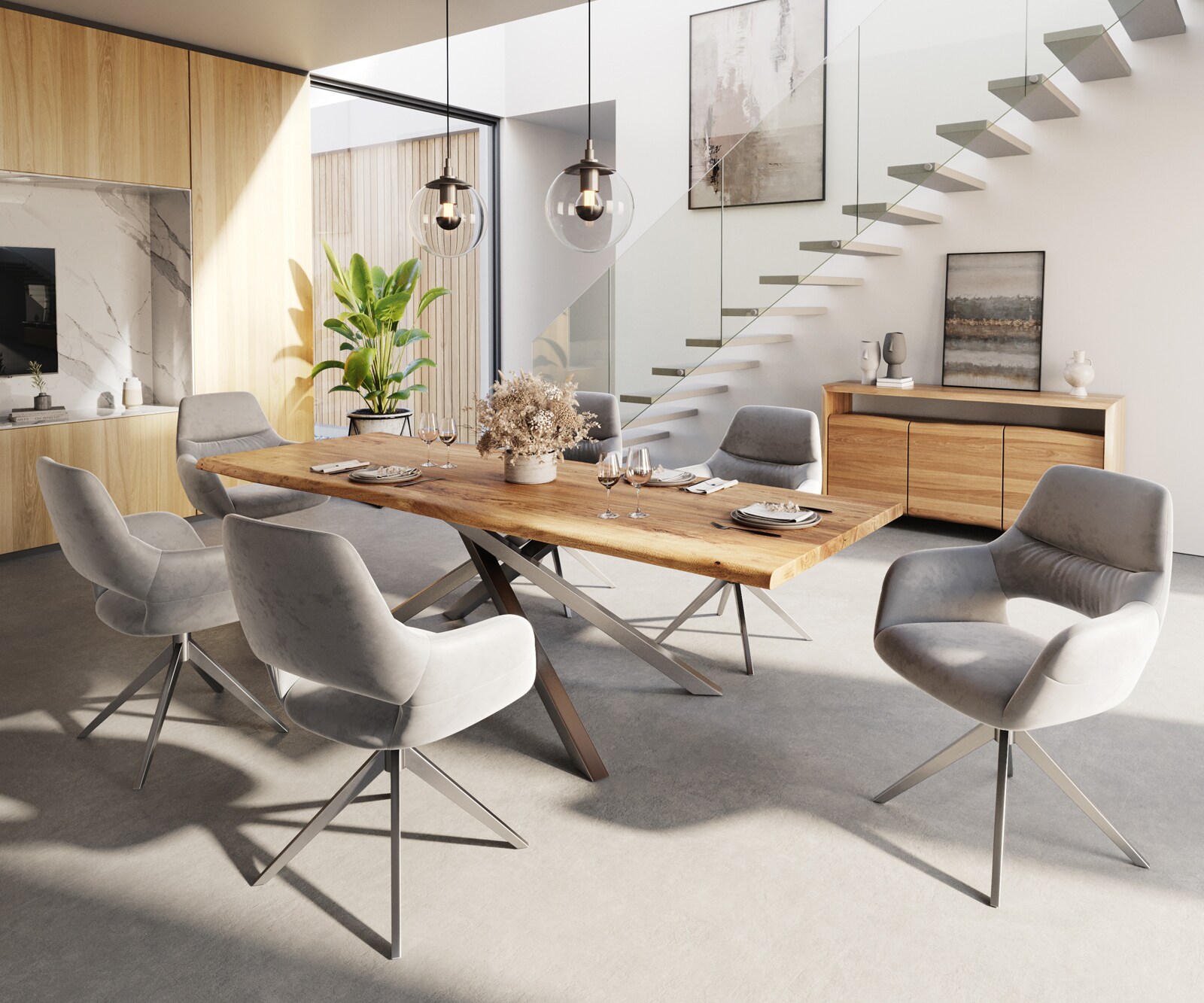 Врътящ се стол с подлакътници Кадифе Сив Конус крак плосък Неръждаема стомана 360° въртящ се Yago-Flex 4 Врътящ се стол с подлакътници Кадифе Сив Конус крак плосък Неръждаема стомана 360° въртящ се Yago-Flex 4