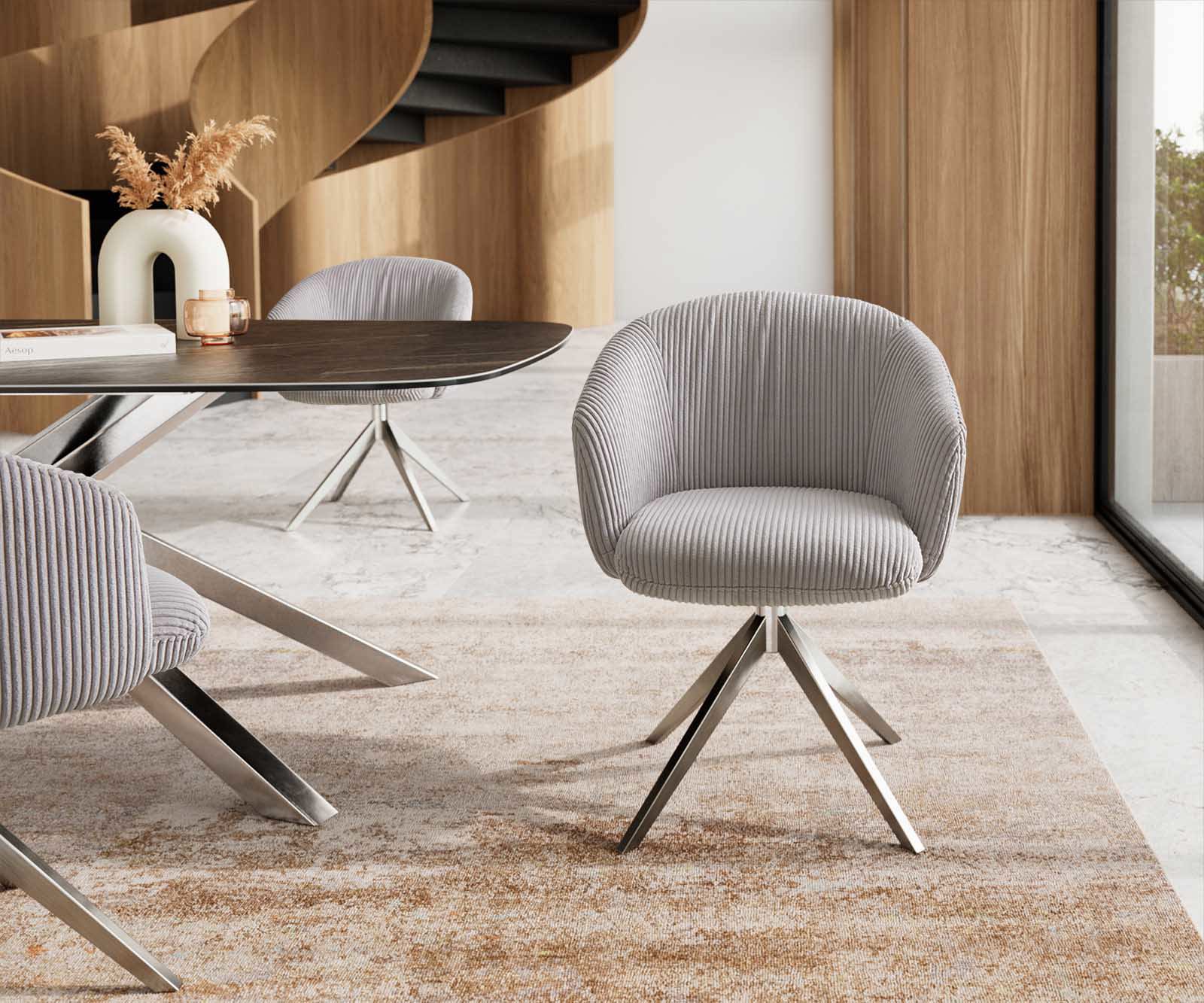 Врътящ се стол с подлакътници Корд СребристСив Конус крак плосък Неръждаема стомана 360° въртящ се Покет пружина Caja-Flex 1 Врътящ се стол с подлакътници Корд СребристСив Конус крак плосък Неръждаема стомана 360° въртящ се Покет пружина Caja-Flex 1