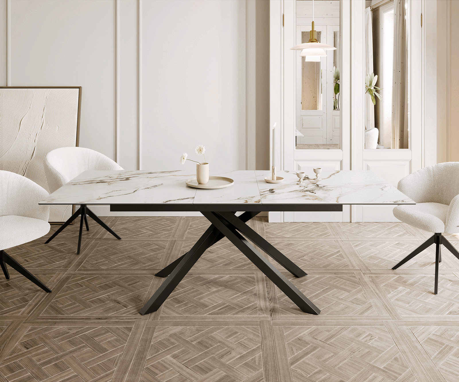 Разтегателна трапезна маса Edge 180-220х100 см Керамика Calacatta Luxe Бял-Злато-Сив Кръсртовидна основа Черен 1