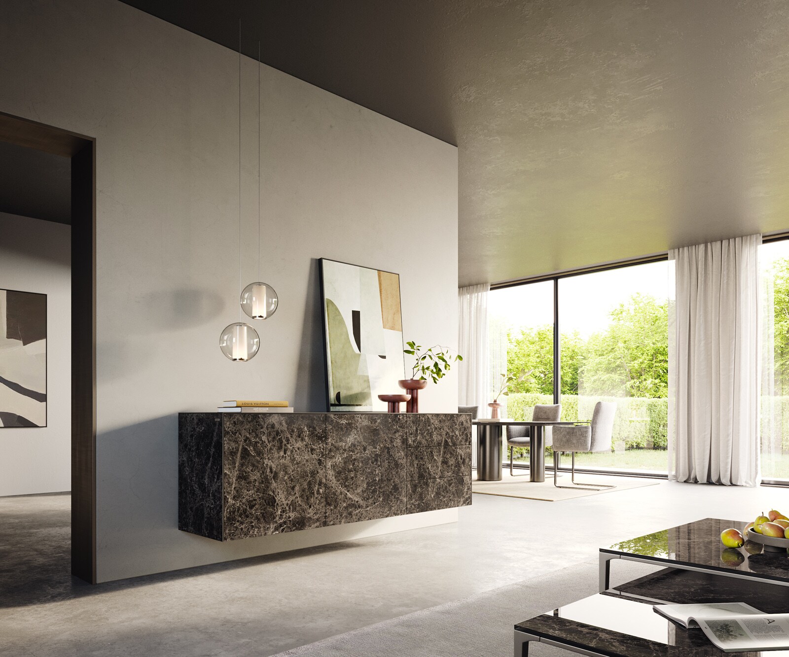 Бюфет Cuor 180 cm Керамичен ламинат® Emperador Extra Lucidato Тъмно кафяво 2 врати 3 чекмеджета Плаващ 6