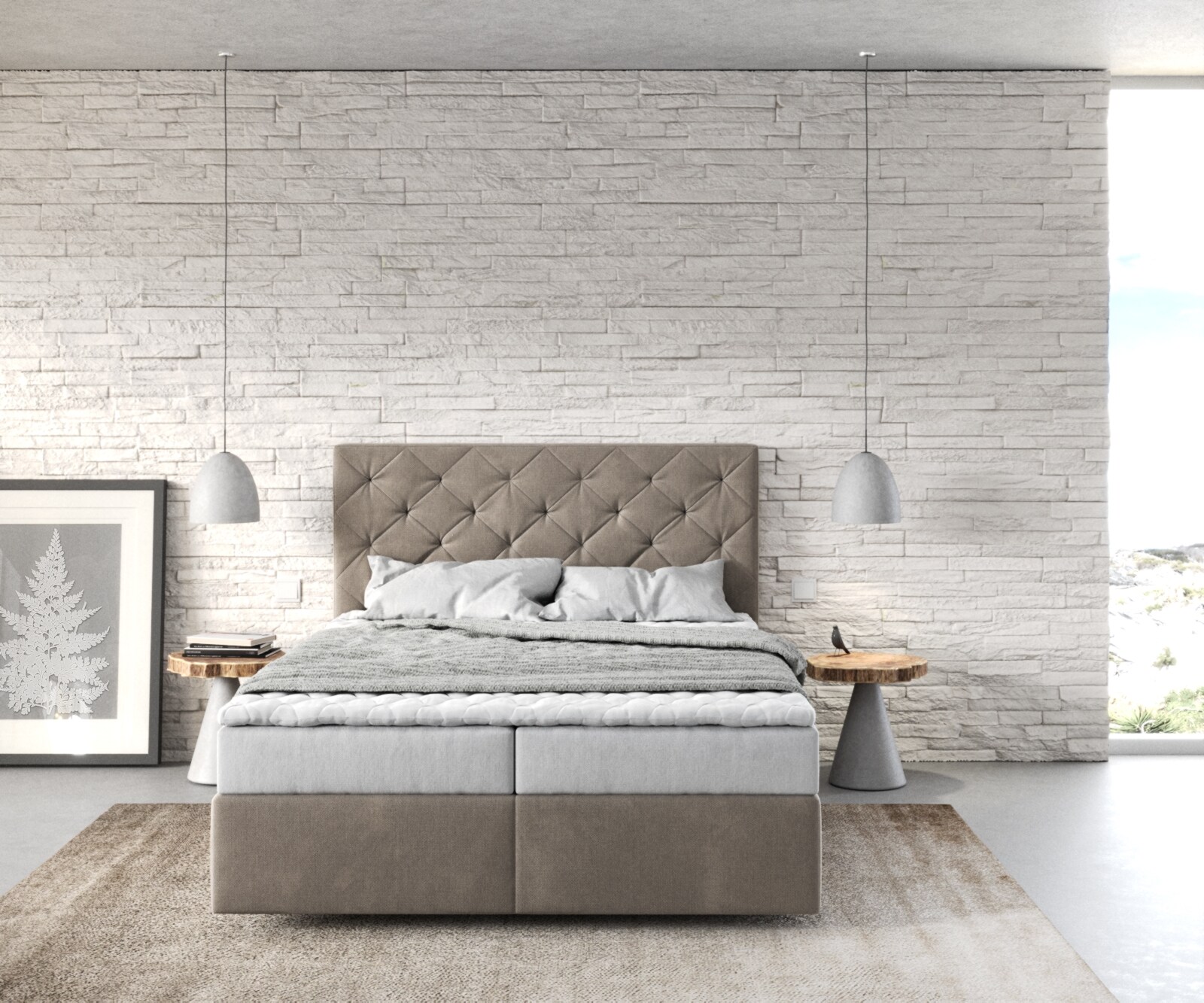 Легло Боксспринг 140x200 cm Микрофибър Бежов с Матрак и Топер Dream-Great 1