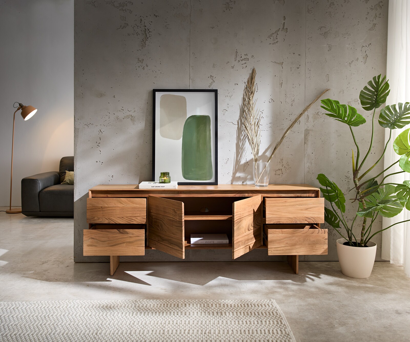 Нисък шкаф Elandor 175 см естествена акация 2 врати 4 чекмеджета дървена основа 3