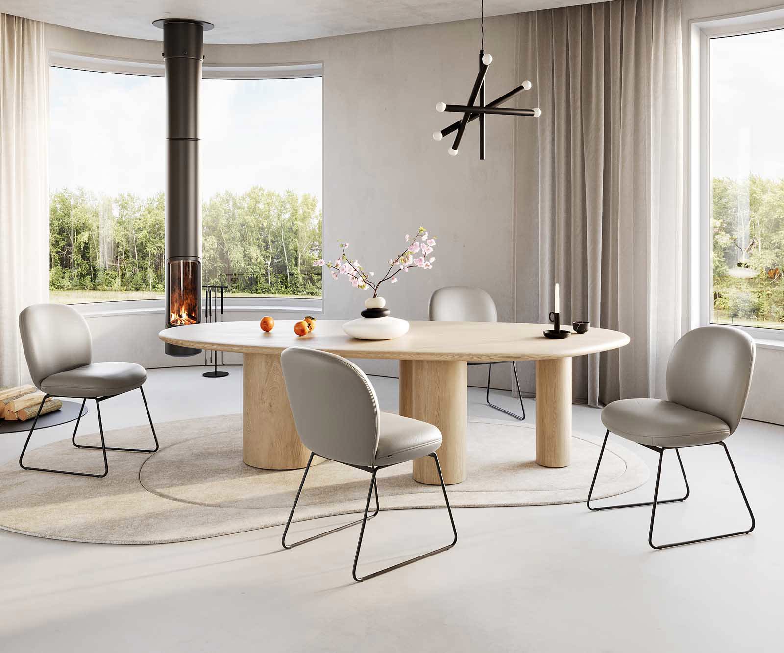 Трапезен стол Естествена кожа Сиво-Кафяв Извити крака Черен Покет пружина Nube-Flex 5