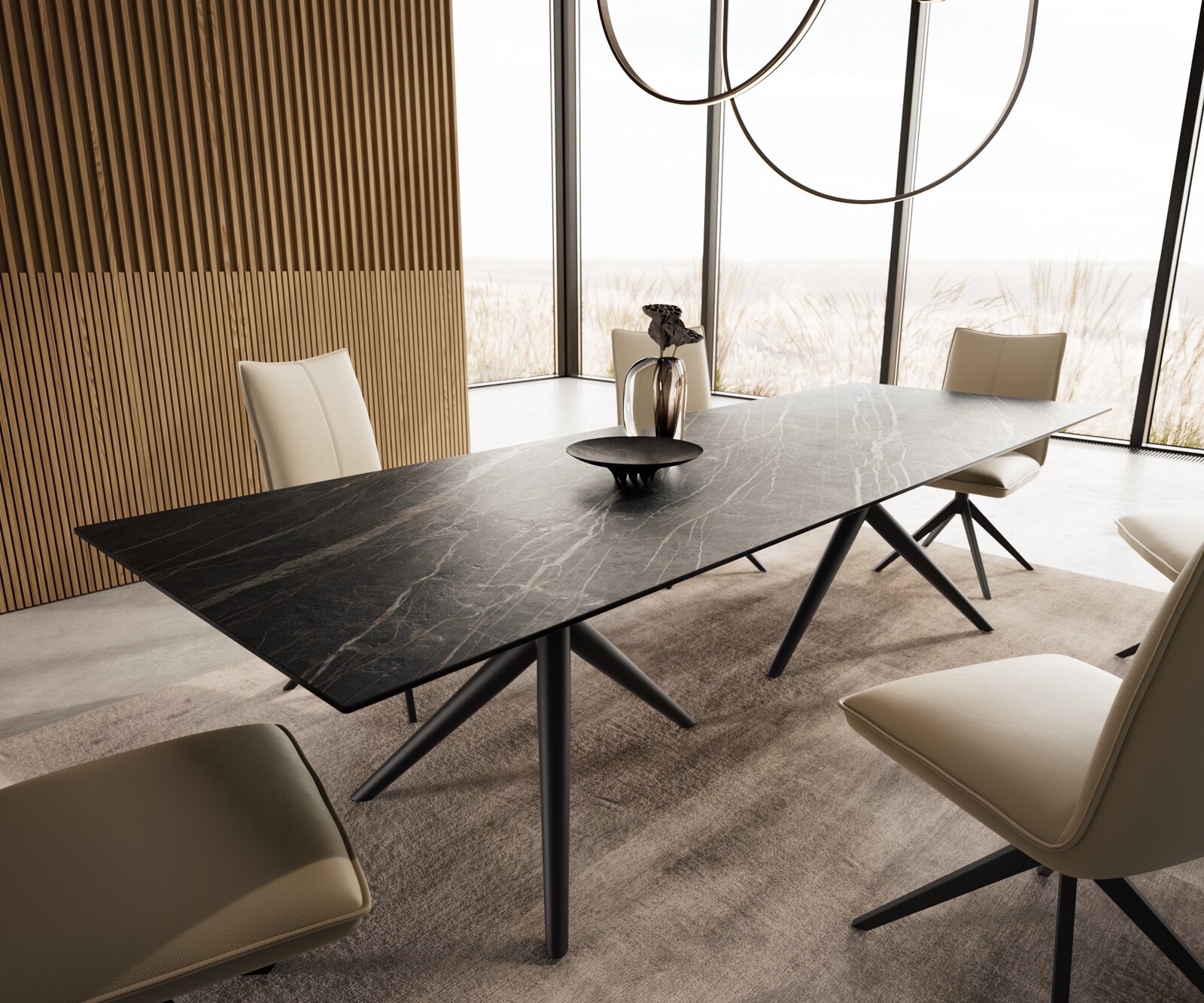 Трапезна маса Edge 300x100, керамика Laminam „®“, Noir Desir, кафяво Estelar, кръгла, метал, черна 6
