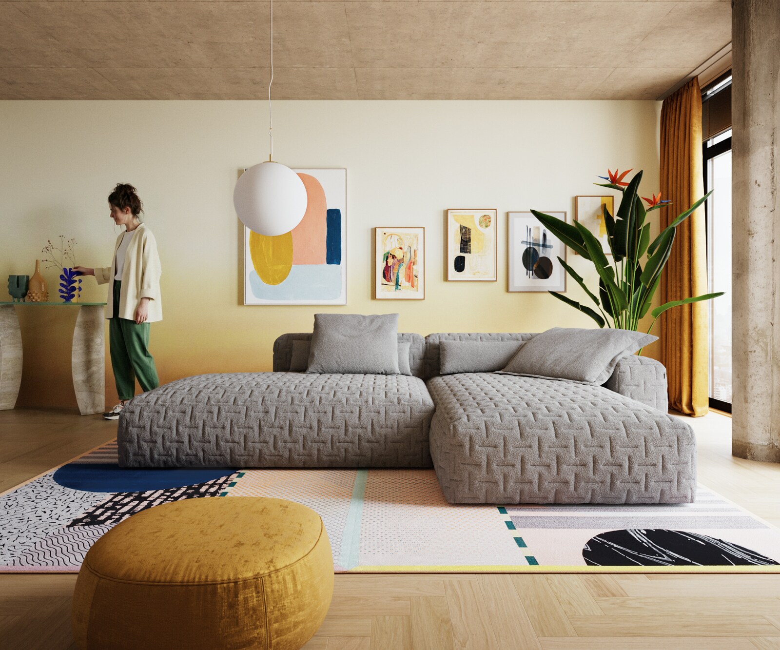 Ъглов диван Freestyle 310x200 cm текстурирана тъкан меко сиво ватирано 1