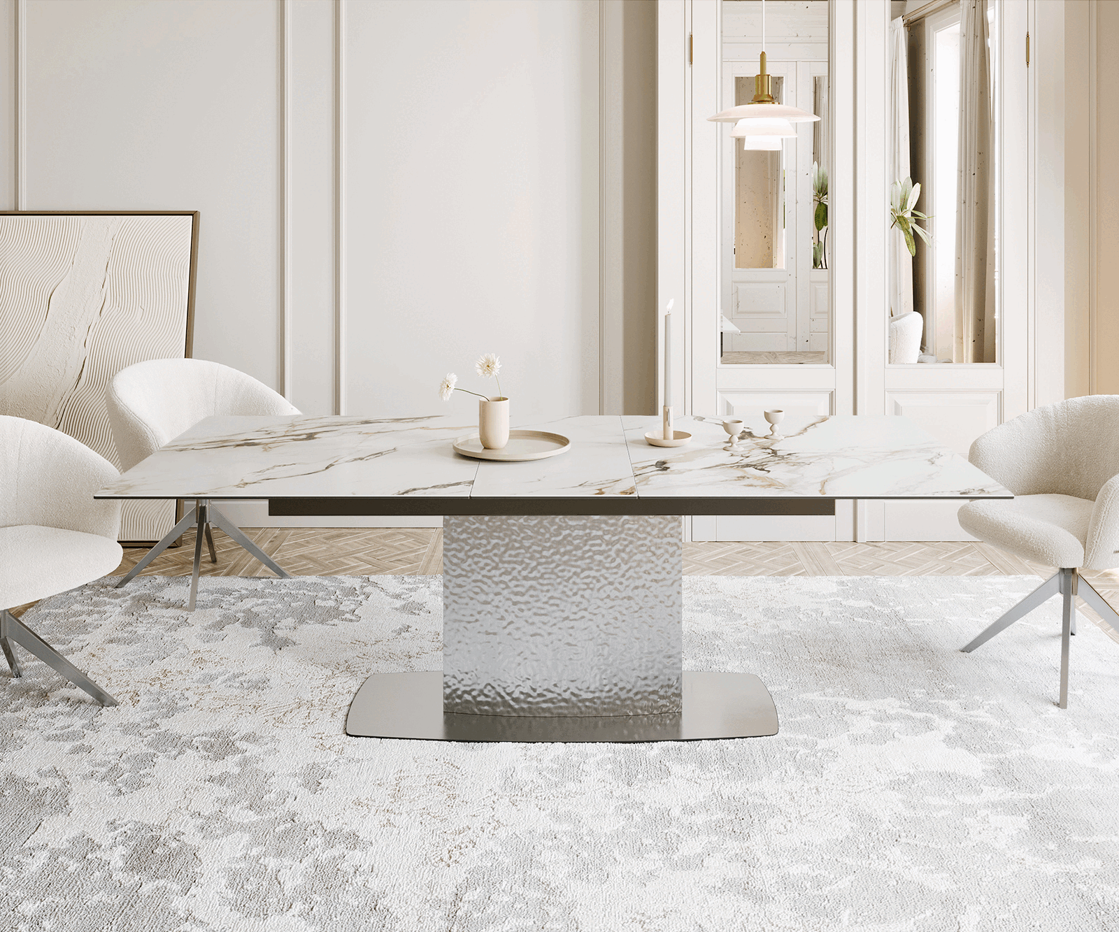 Разтегателна трапезна маса Edge 180-220х100 см Керамика Calacatta Luxe Бял-Злато-Сив Един крак основа Сребристосив 1