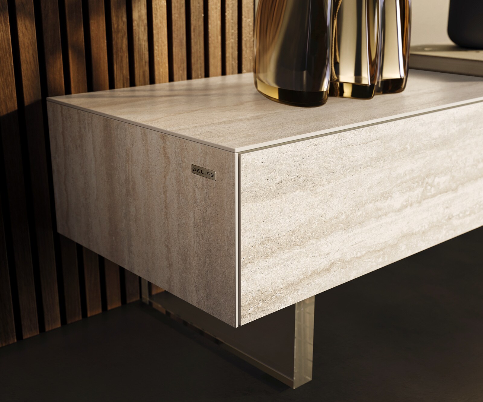 Ниска дъска Cuor 200 cm Керамичен ламинат® Travertino Bianco Крем-бяло 1 клапа 1 чекмедже Основа Плаващ вид акрилно стъкло 6