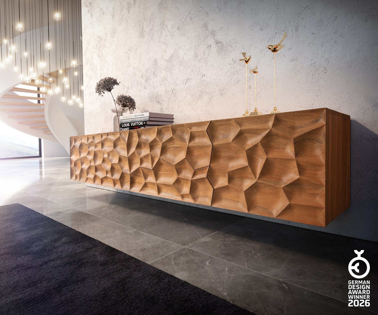 ТВ шкаф 220 cm Акация Натурал 2 Врати 4 Чекмеджета висящ 3D-Front Solu