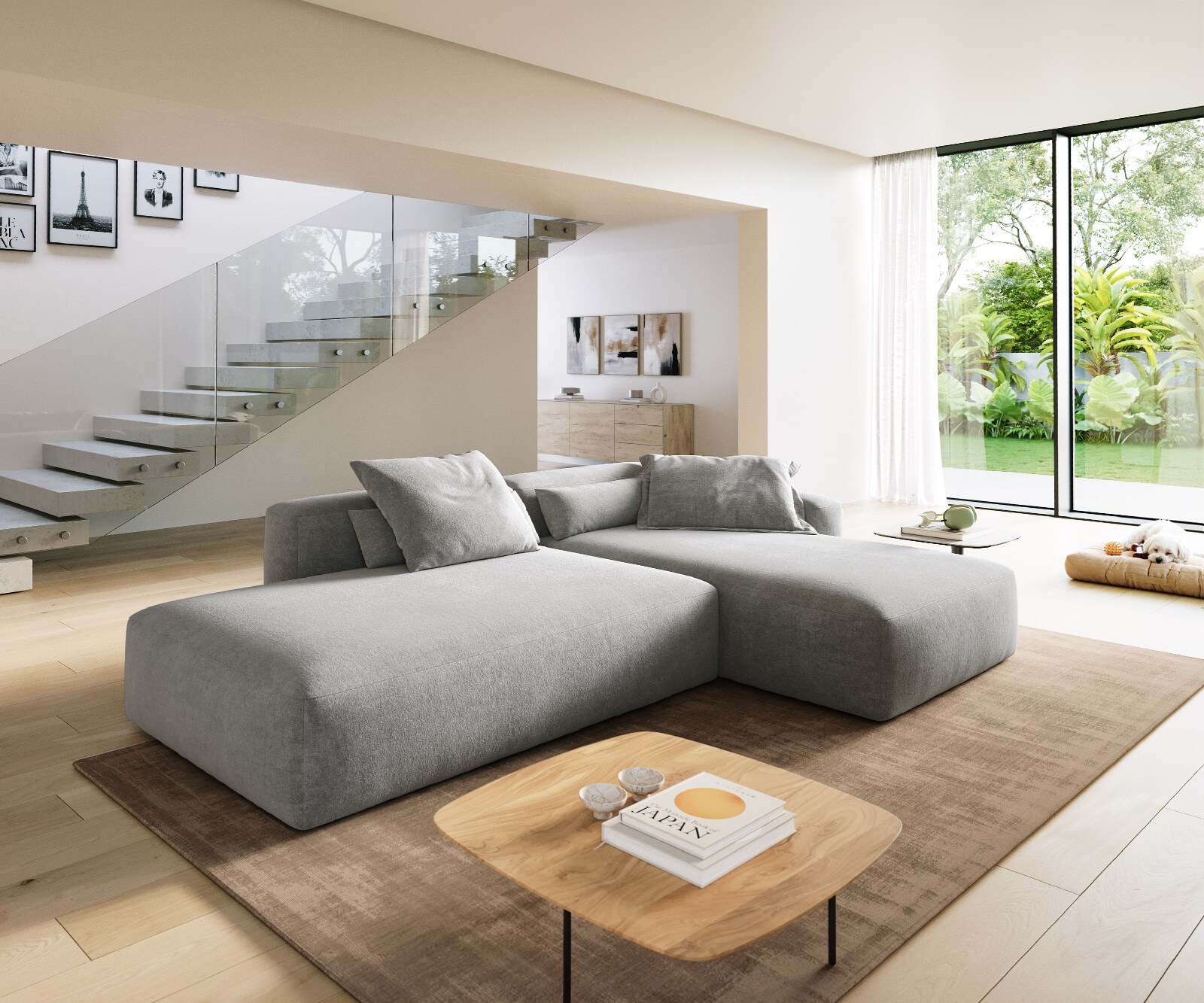 Ъглов диван Freestyle 310x200 cm текстурирана тъкан мек сив шев 1