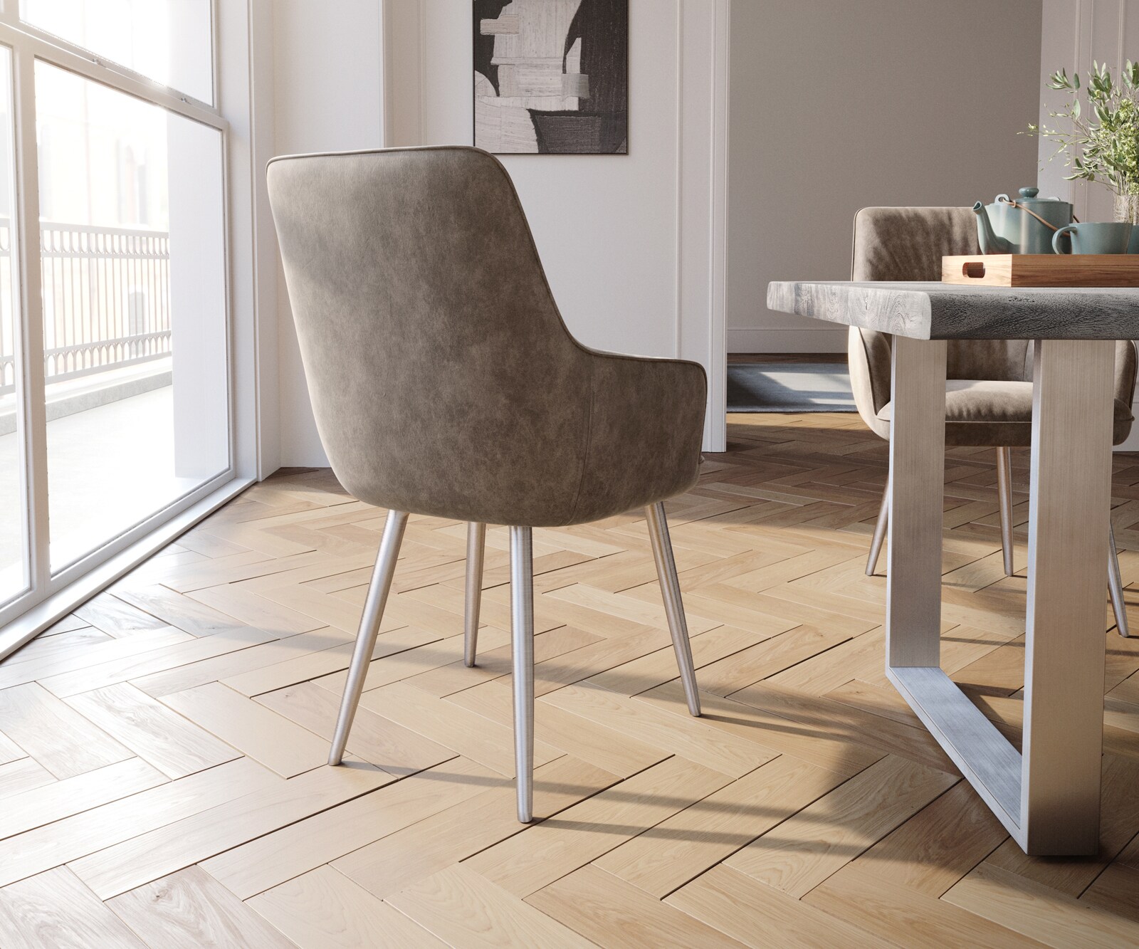 Стол с подлакътници Таупе Винтидж 4-крака Прави Неръждаема стомана  Покет пружина Zelia-Flex 4