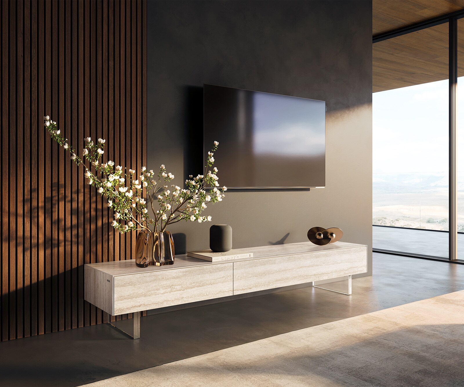 Ниска дъска Cuor 200 cm Керамичен ламинат® Travertino Bianco Крем-бяло 1 клапа 1 чекмедже Основа Плаващ вид акрилно стъкло