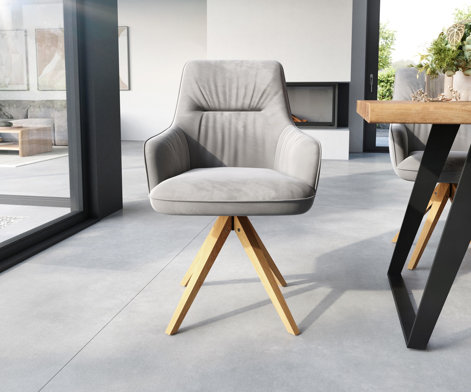 Врътящ се стол с подлакътници Кадифе Сив Дървена рамка  180° въртящ се Покет пружина Zelia-Flex 2