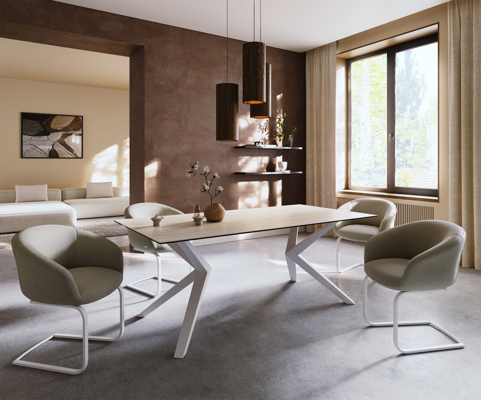 Трапезна маса Edge 200x100, керамика Laminam „®“, Travertino Bianco, кремаво-бяла, Zenthara, с остри ръбове, метал, бяла 6