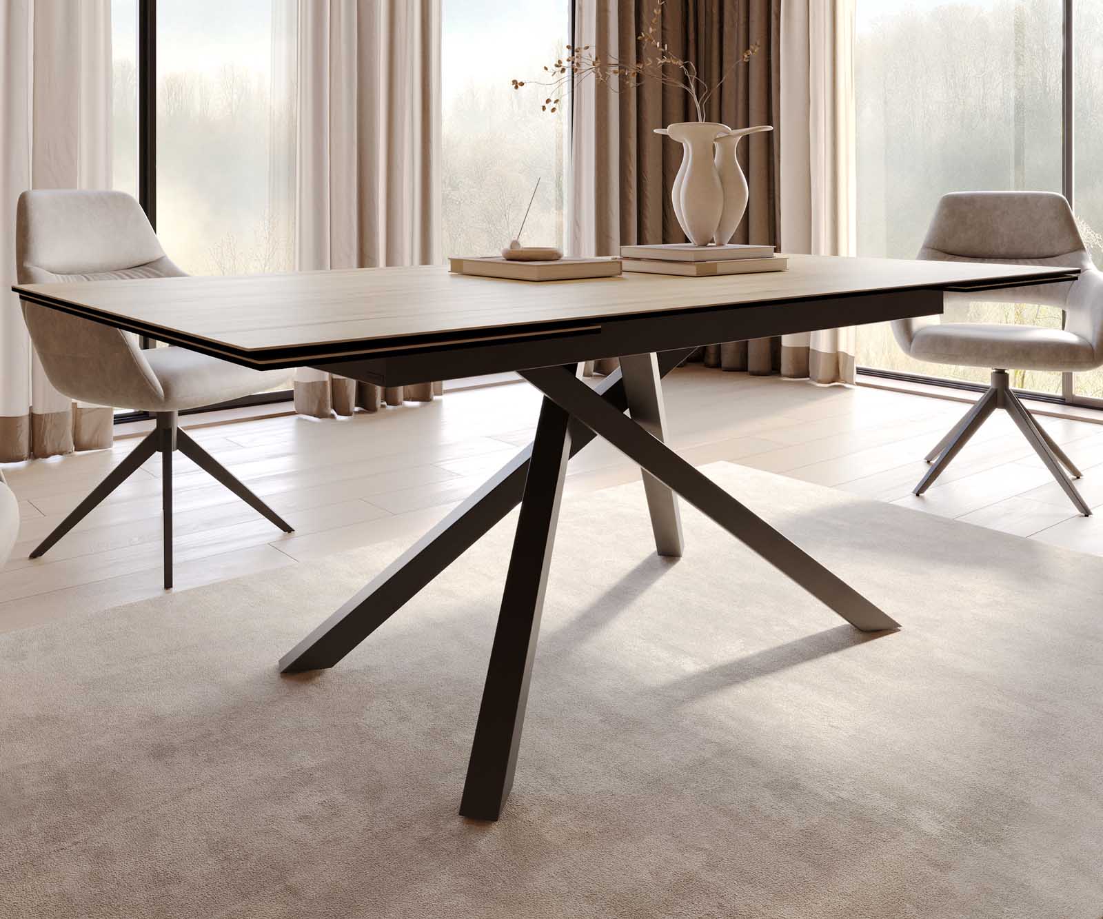 Разтегателна трапезна маса Edge 200-300х100 см Керамика Laminam® Sabbia цвят Дъб Кръсртовидна основа Черен 6