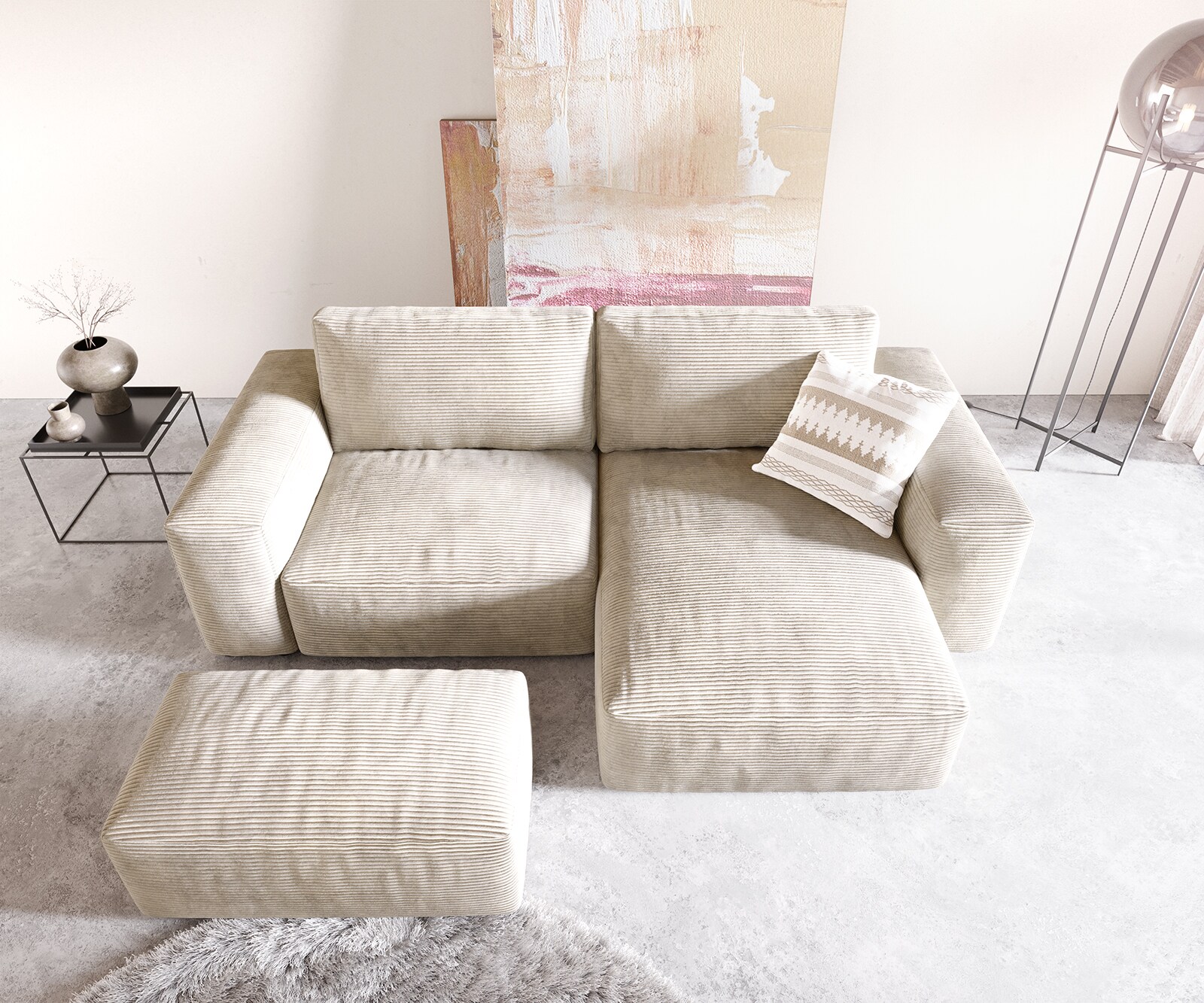 Ъглов диван Lanzo  230x155 см Рипс в бежово, Лява/Дясна Лежанка, с табуретка 3