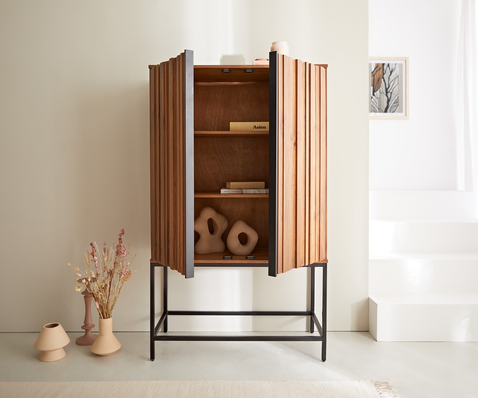 Висок шкаф 90x150 cm Манго Кафяв Метал Черен 2 Врати Sivela 3 Висок шкаф 90x150 cm Манго Кафяв Метал Черен 2 Врати Sivela 3