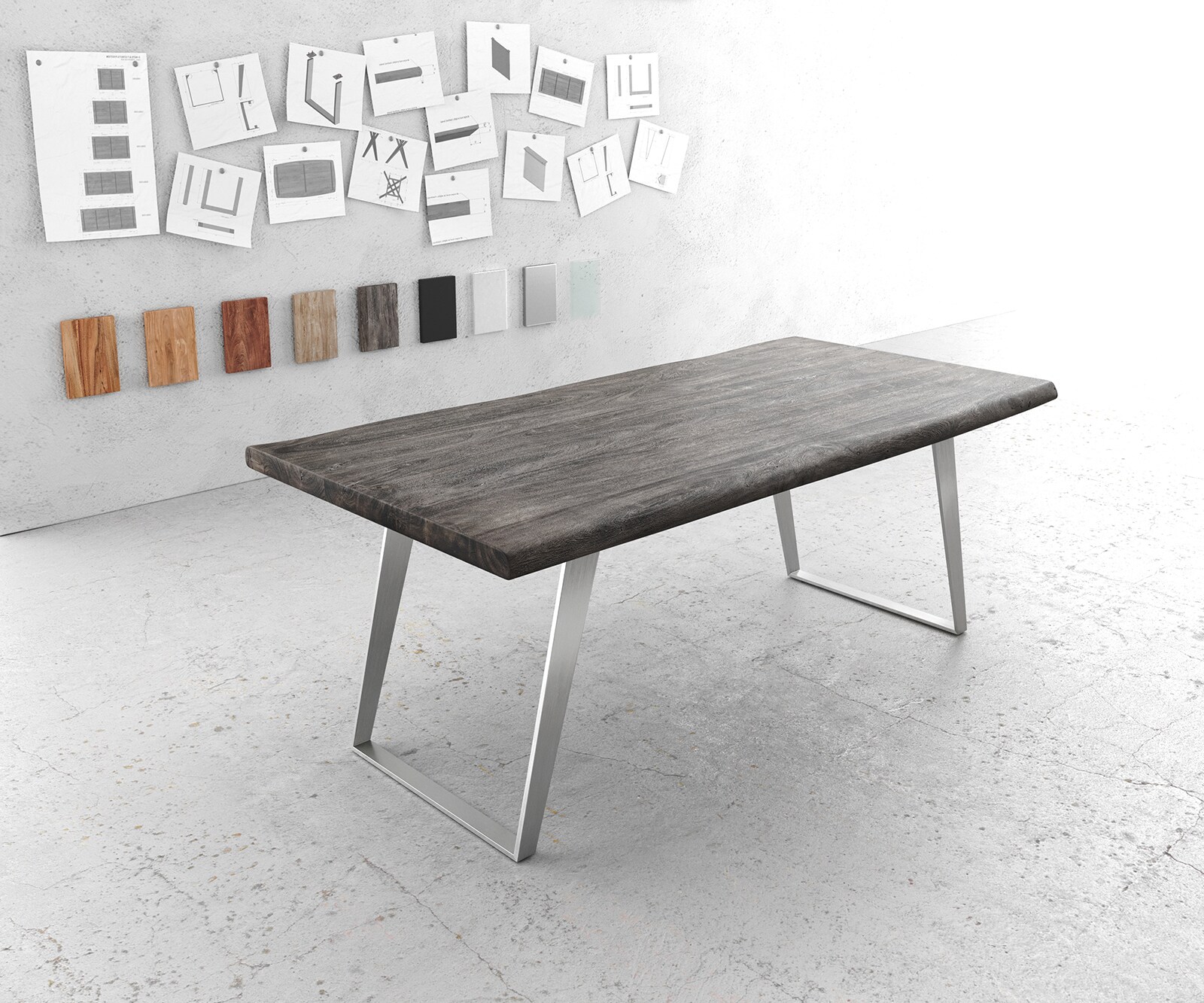 Маса 200x100cm XL Акация Платинен цвят Неръждаема стомана Сребрист под ъгъл Edge 1