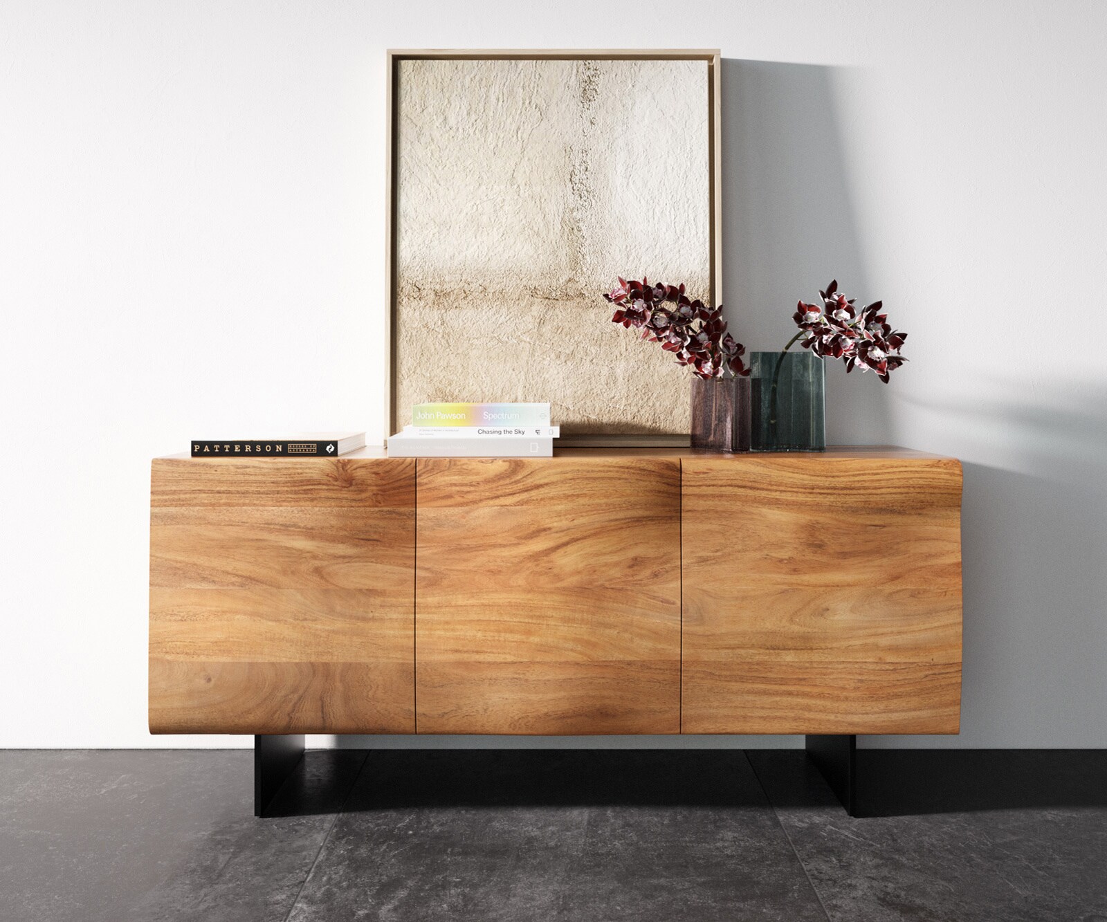 Шкаф New Live-Edge 145 cm естествена акация 3 врати основа плаващ вид метал черен 3