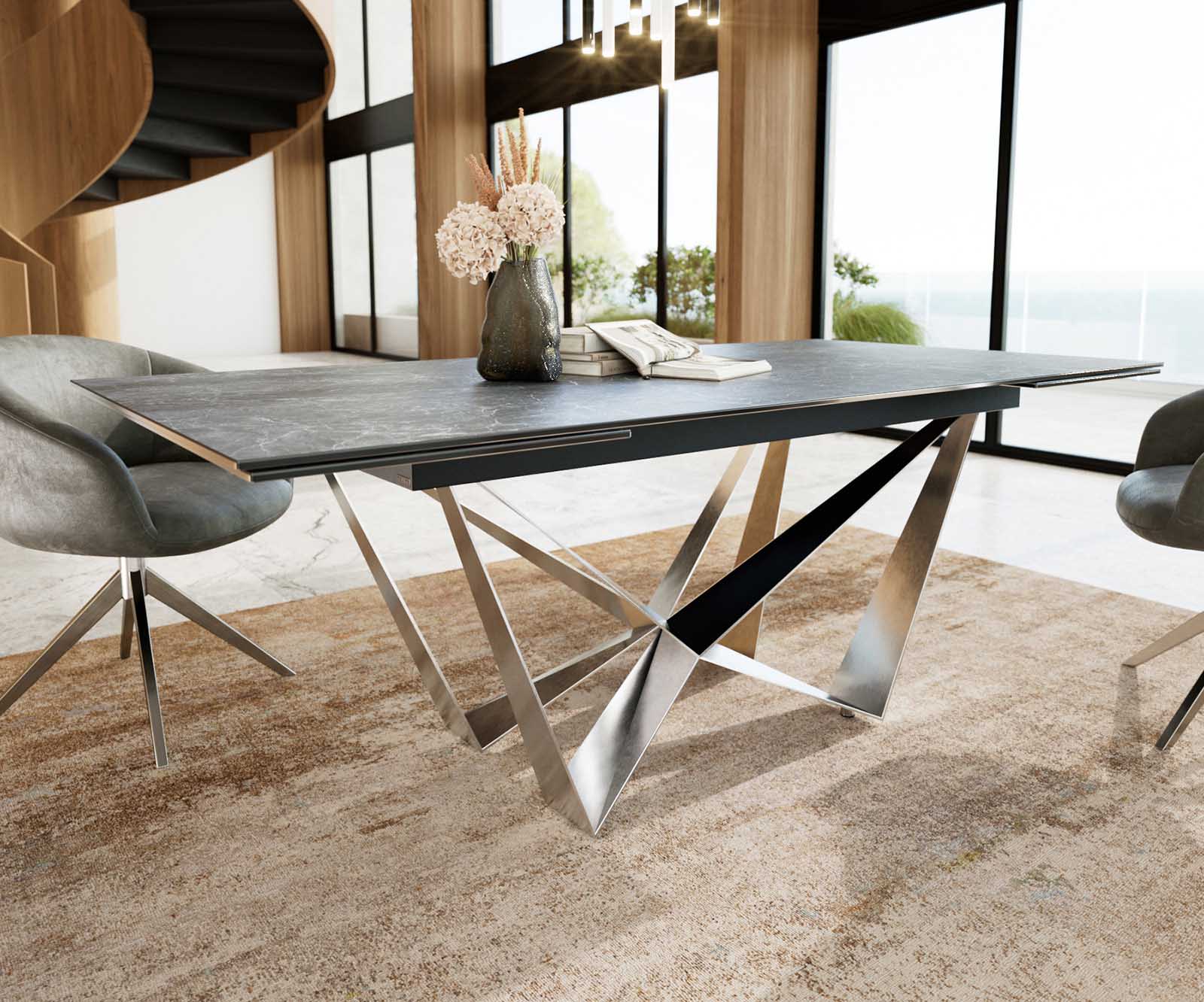 Разтегателна трапезна маса Edge 200-300х100 см Керамика Laminam® Nero Greco Антрацит Основа стомана тип Spider Сребристосив 3