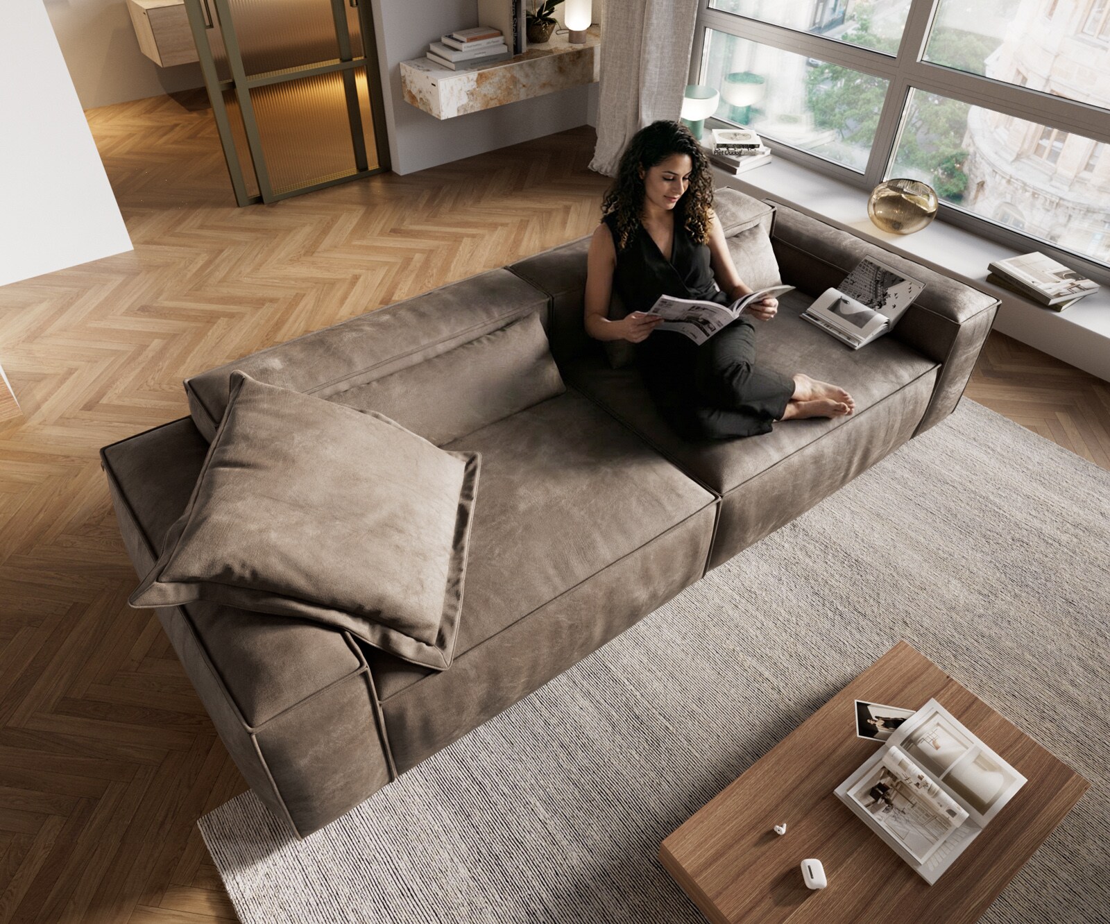 Голям диван Freestyle 280x110 cm микрофибър сив реколта тръбен шев 3