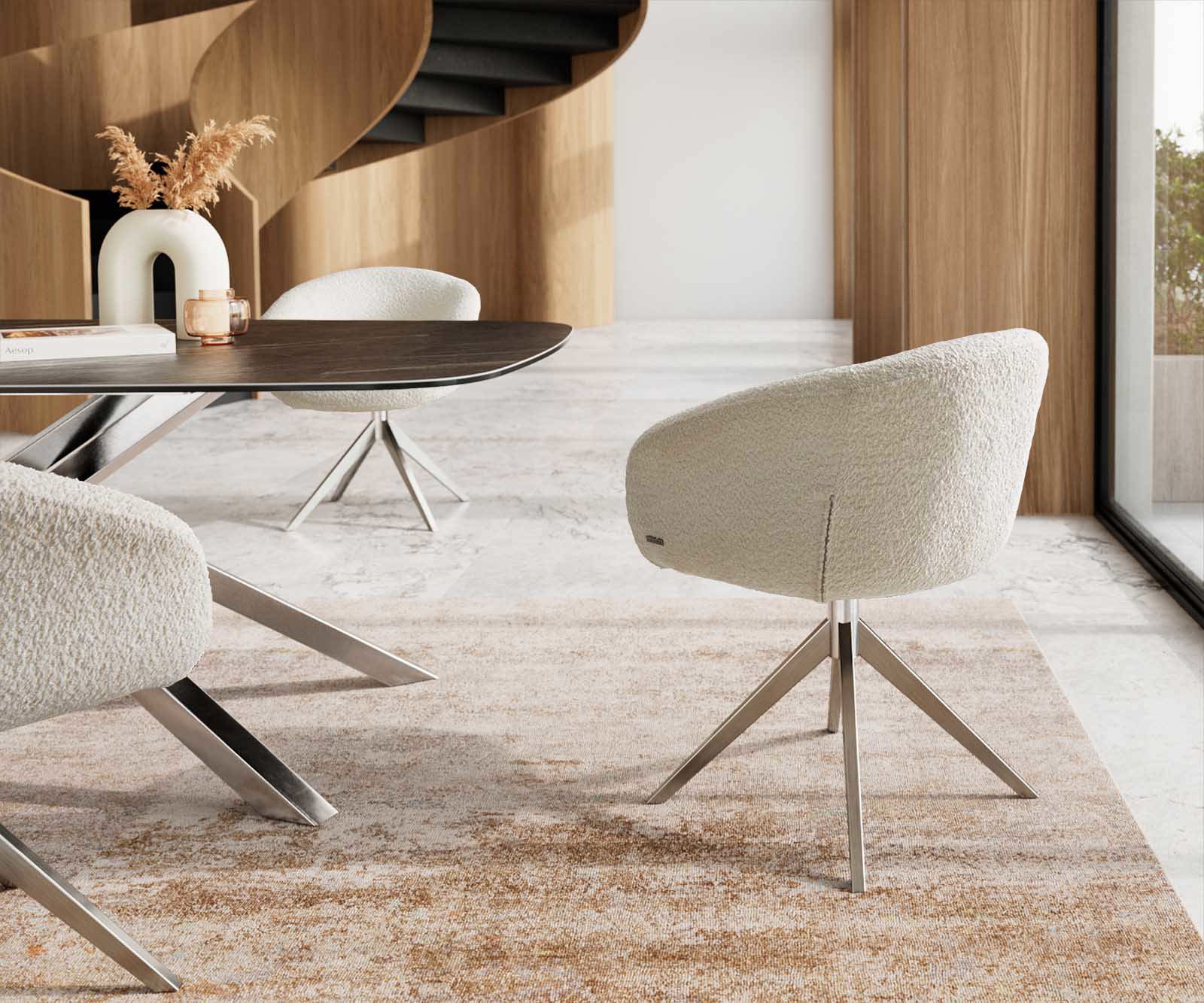 Врътящ се стол с подлакътници Букле Бял Конус крак плосък Неръждаема стомана 360° въртящ се Покет пружина Vinka-Flex 4 Врътящ се стол с подлакътници Букле Бял Конус крак плосък Неръждаема стомана 360° въртящ се Покет пружина Vinka-Flex 4