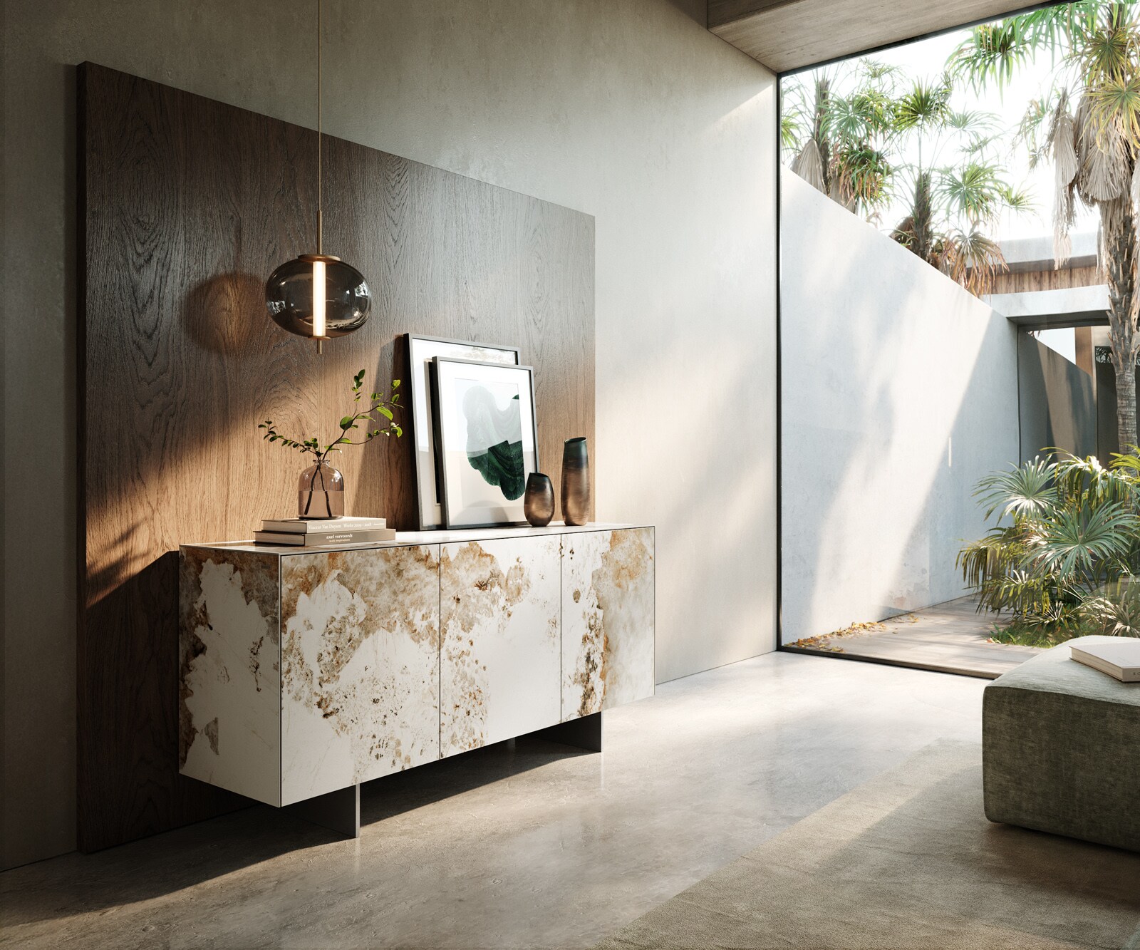 Бюфет Cuor 150 см Керамичен Minas Melange Бяло-бежово 3 врати Основа Плаващ вид неръждаема стомана 1