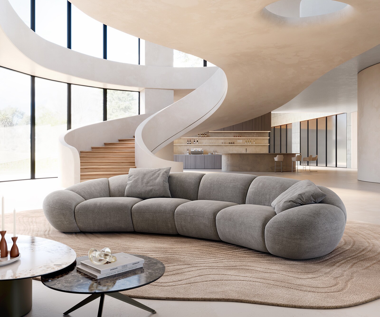 Голям диван Lunna 360x175 cm текстурирана тъкан меко сиво 2 възглавници 1