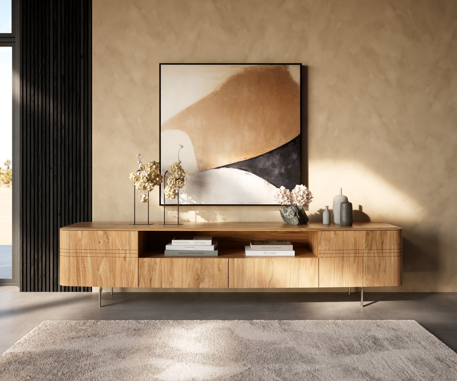 ТВ шкаф Nagaru 240 cm Acacia Aura 2 врати 2 чекмеджета 1 рафт Овална основа Неръждаема стомана 2