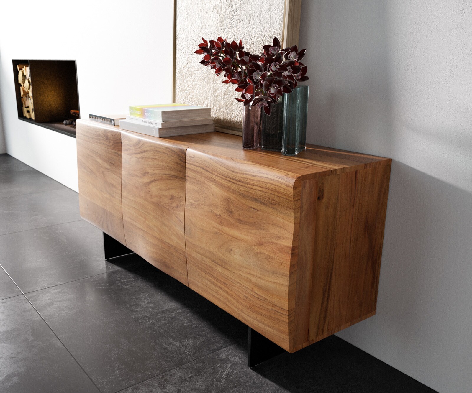 Шкаф New Live-Edge 145 cm естествена акация 3 врати основа плаващ вид метал черен 1