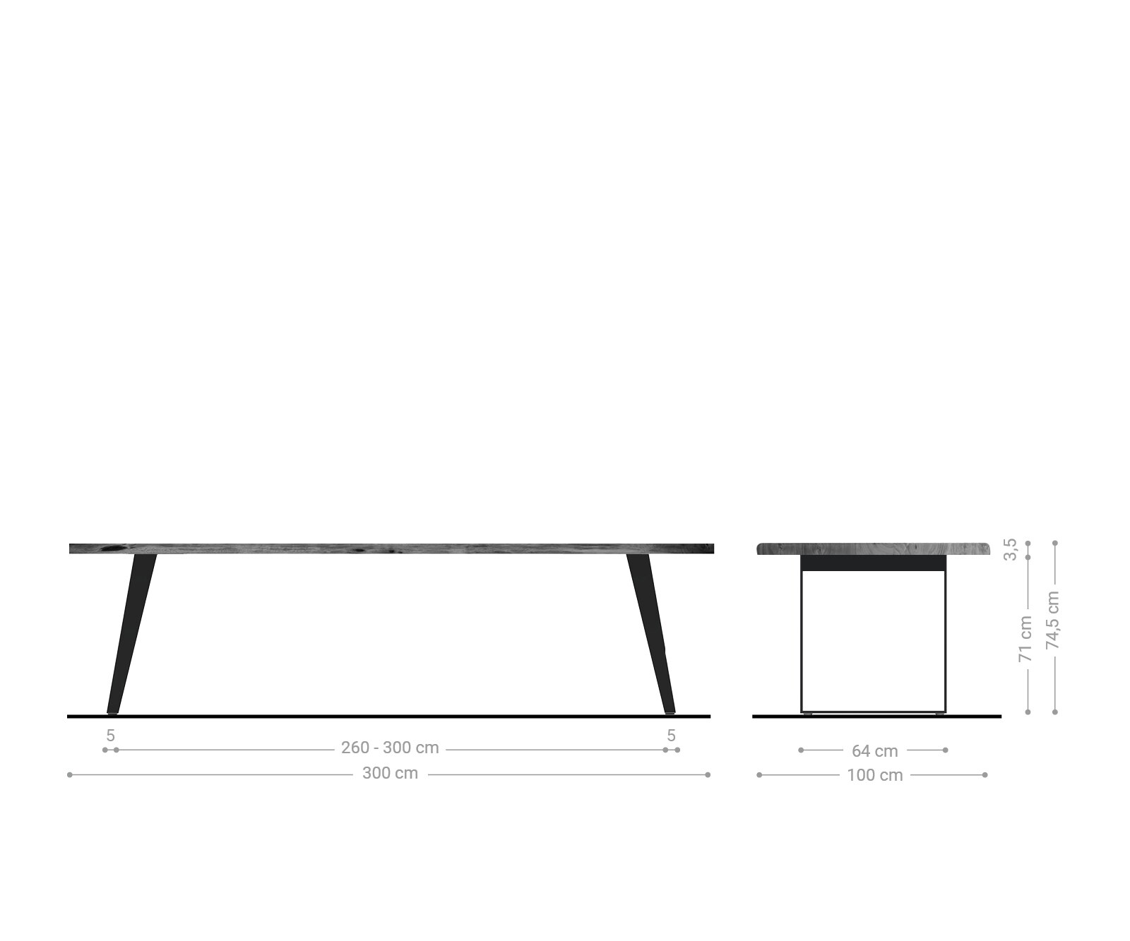 Трапезна маса Edge 300x100 см, акация, кафяво, неръждаема стомана, сребристо, наклонена, с естествена кромка 6