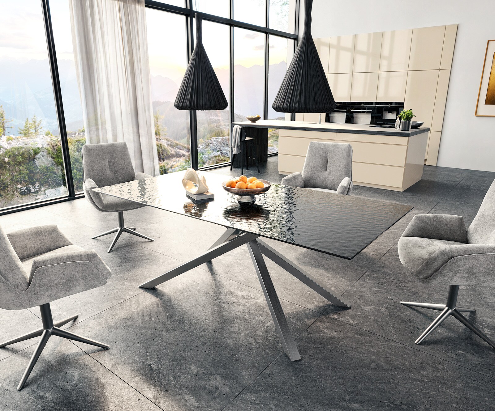 Трапезна маса Edge 200x100 релефно стъкло опушено черно 3D дизайн кръстосана рамка правоъгълна неръждаема стомана 6