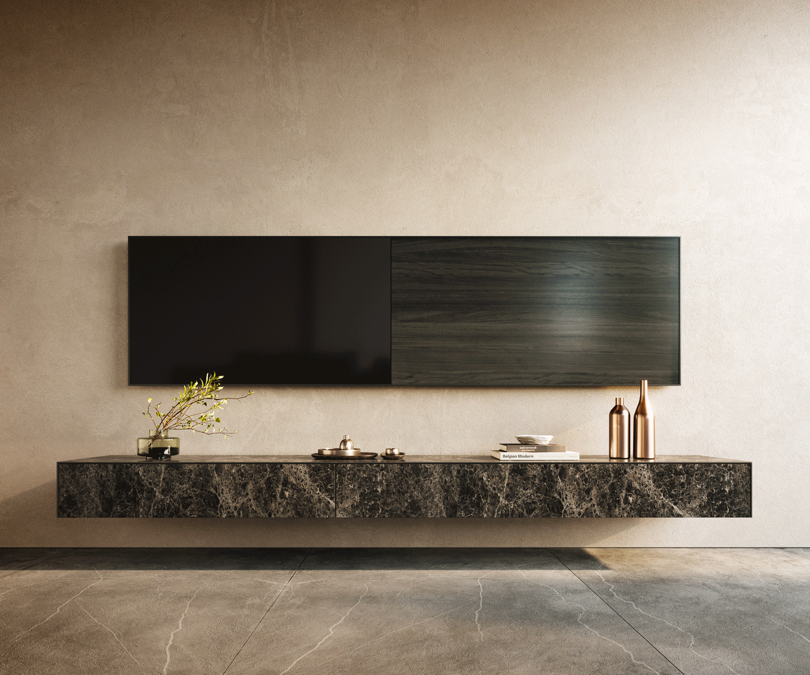 Ниска дъска Cuor 250 cm Керамичен ламинат® Emperador Extra Lucidato Тъмно кафяво 1 клапа 1 чекмедже Плаващо 1