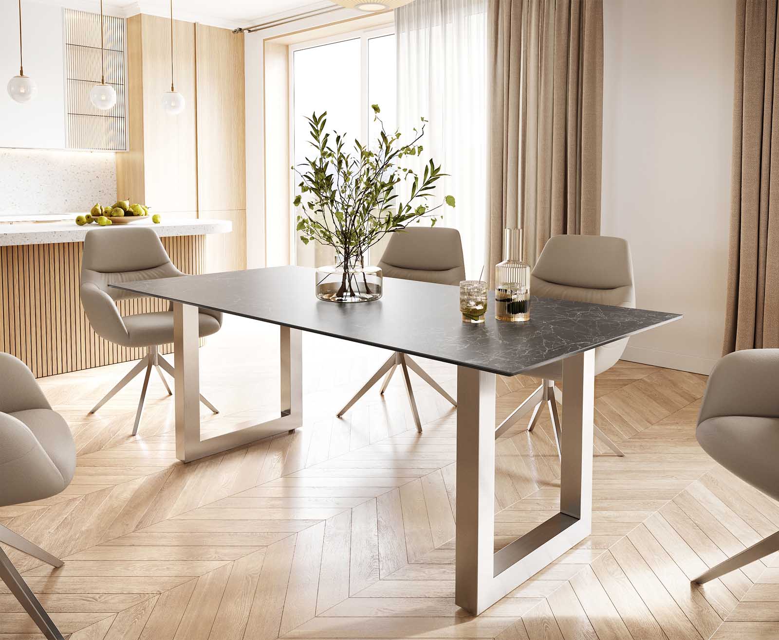 Маса 200x100 Keramik Laminam® Nero Greco Антрацит Неръждаема стомана Широк профил Edge
