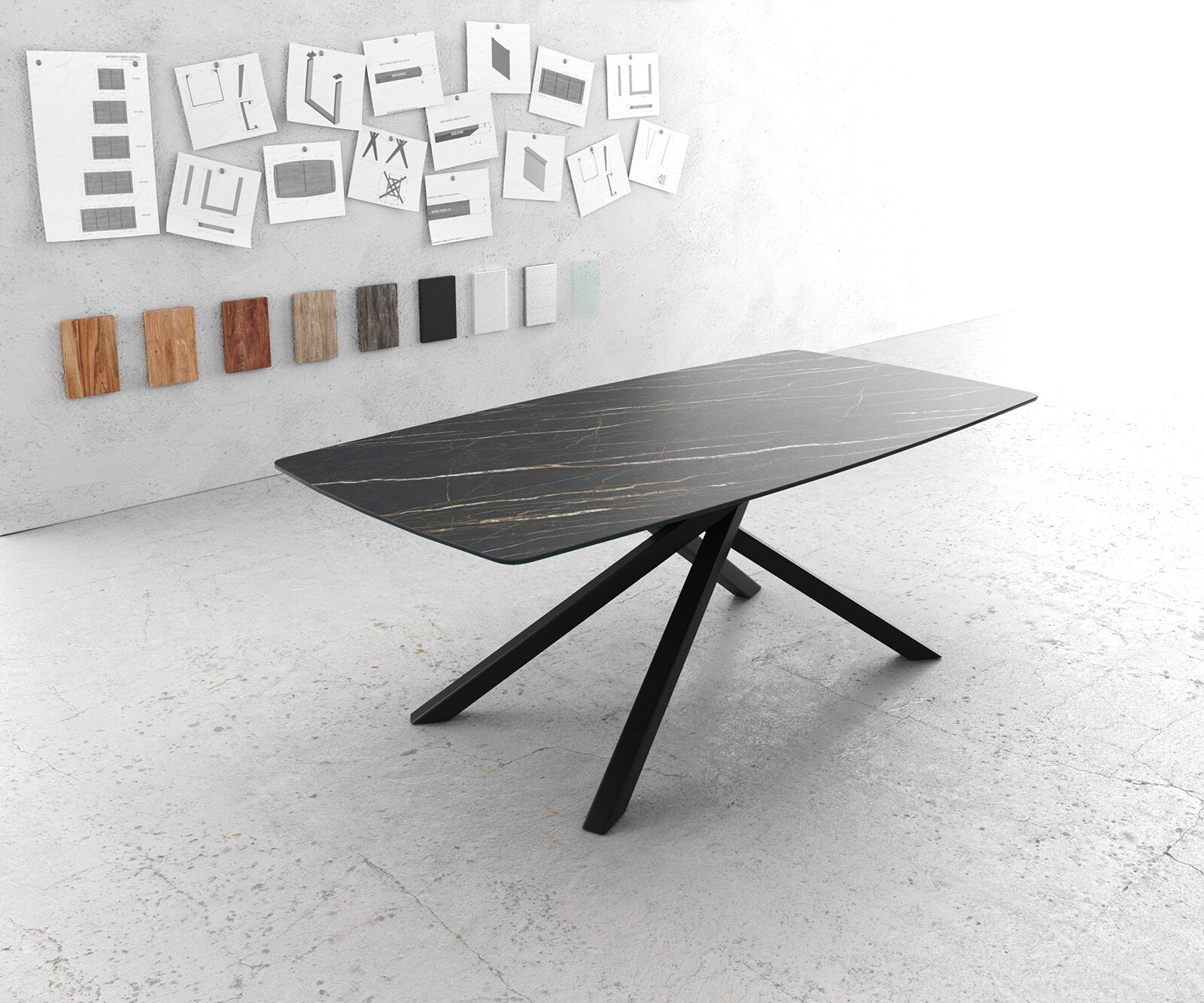 Маса Bootsform 200x100cm Laminam® Keramik Noir Desir Кафяв среден крак Кръст Черен Edge