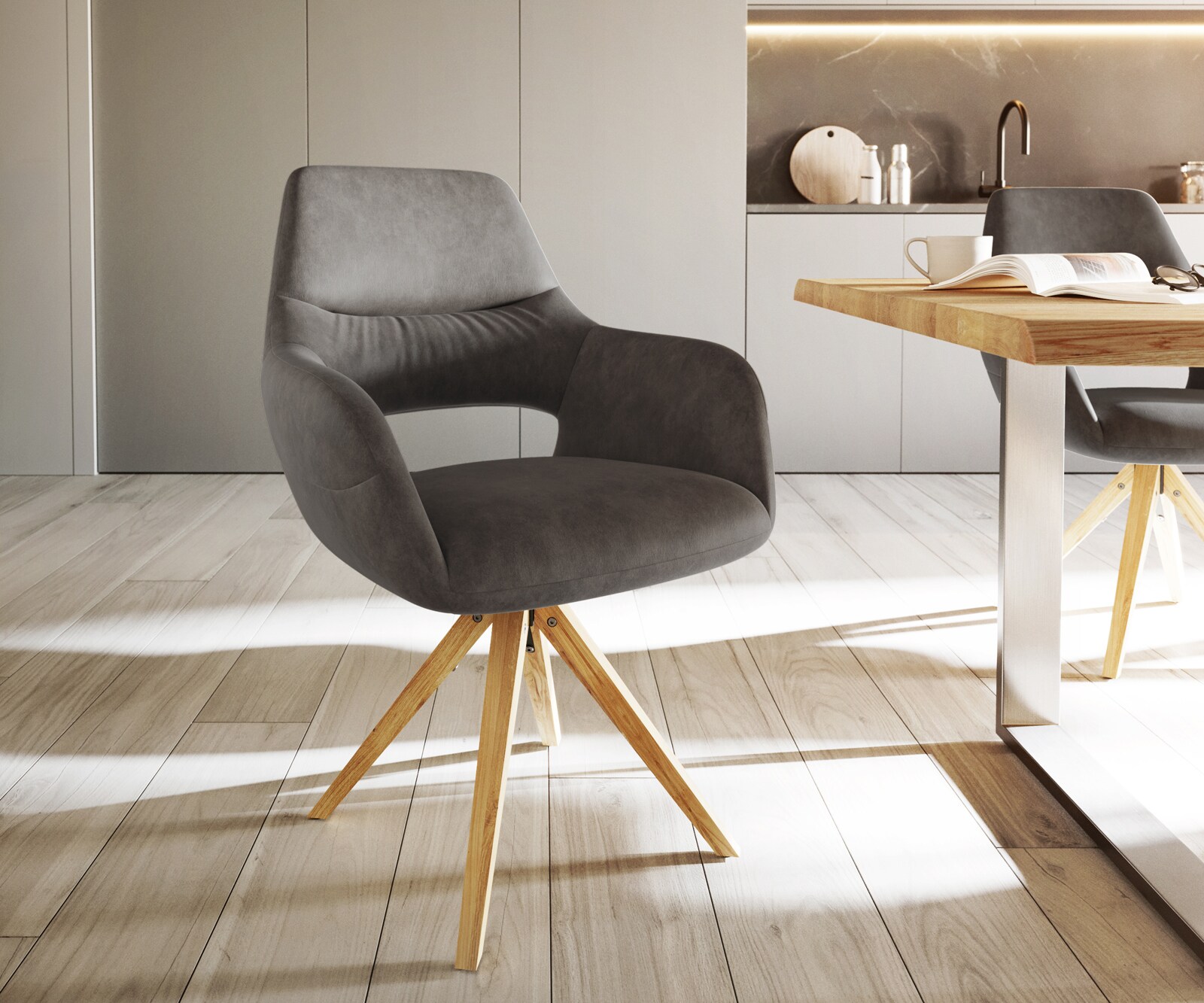 Врътящ се стол с подлакътници Антрацит Винтидж Дървена рамка  180° въртящ се Yago-Flex 1