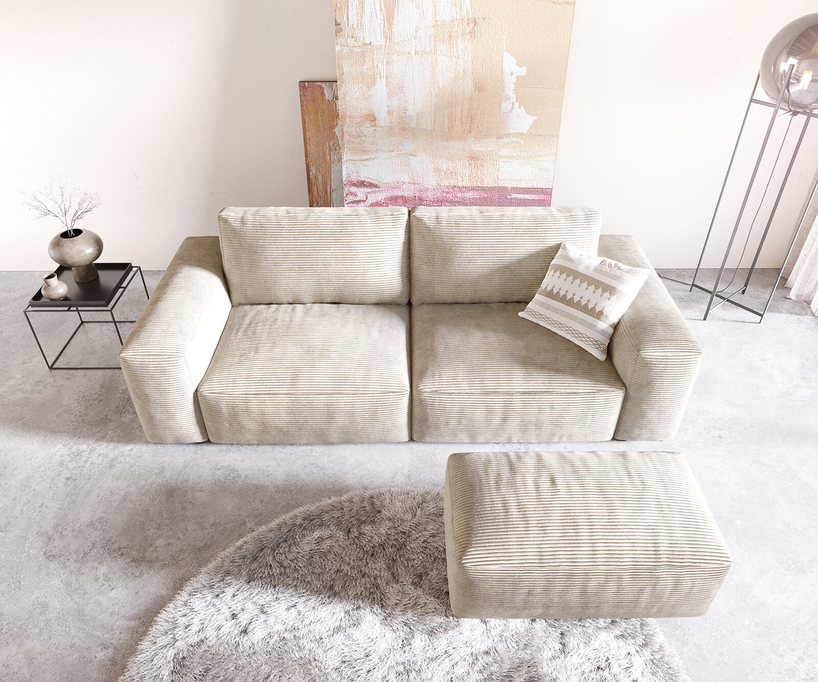 Голям диван L 260x110 cm Корд Бежов с табуретка Lanzo 3