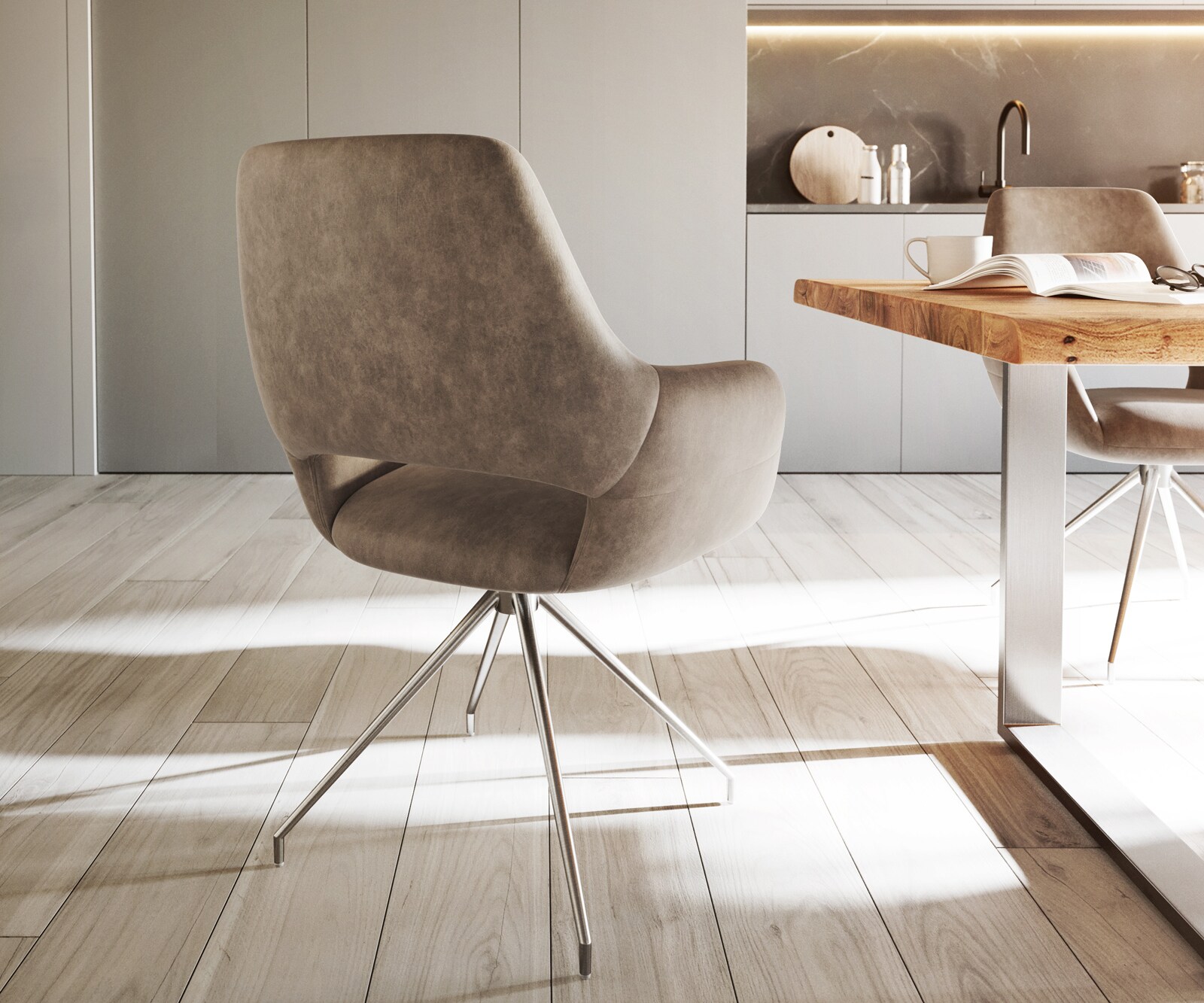 Врътящ се стол с подлакътници Таупе Винтидж Конус крак кръгъл Неръждаема стомана 180° въртящ се Yago-Flex 5 Врътящ се стол с подлакътници Таупе Винтидж Конус крак кръгъл Неръждаема стомана 180° въртящ се Yago-Flex 5