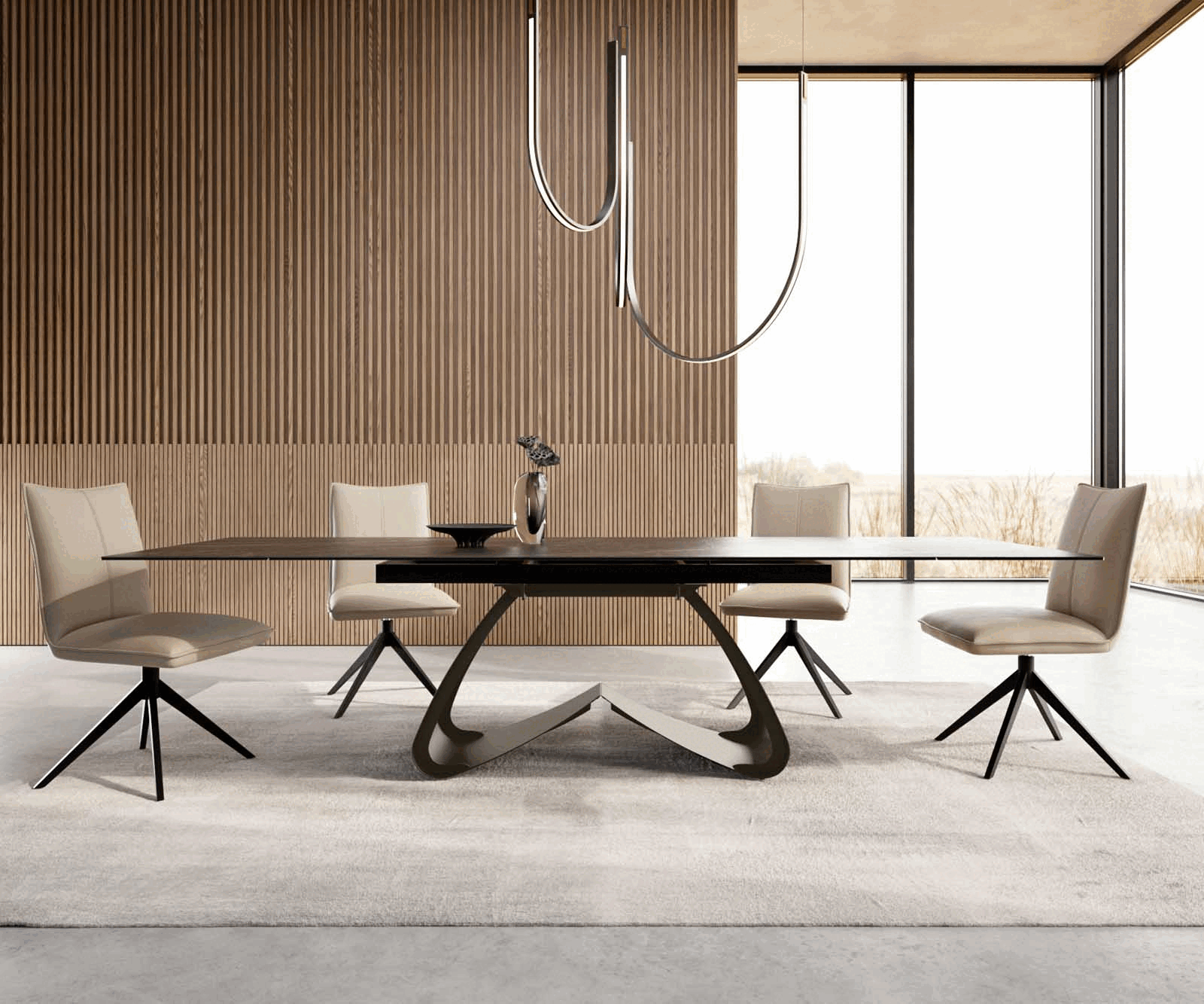 Разтегателна трапезна маса Edge 180-220х100 см Керамика Laminam®Noir Desir Кафяв W-образна основа Титаниев цвят 2