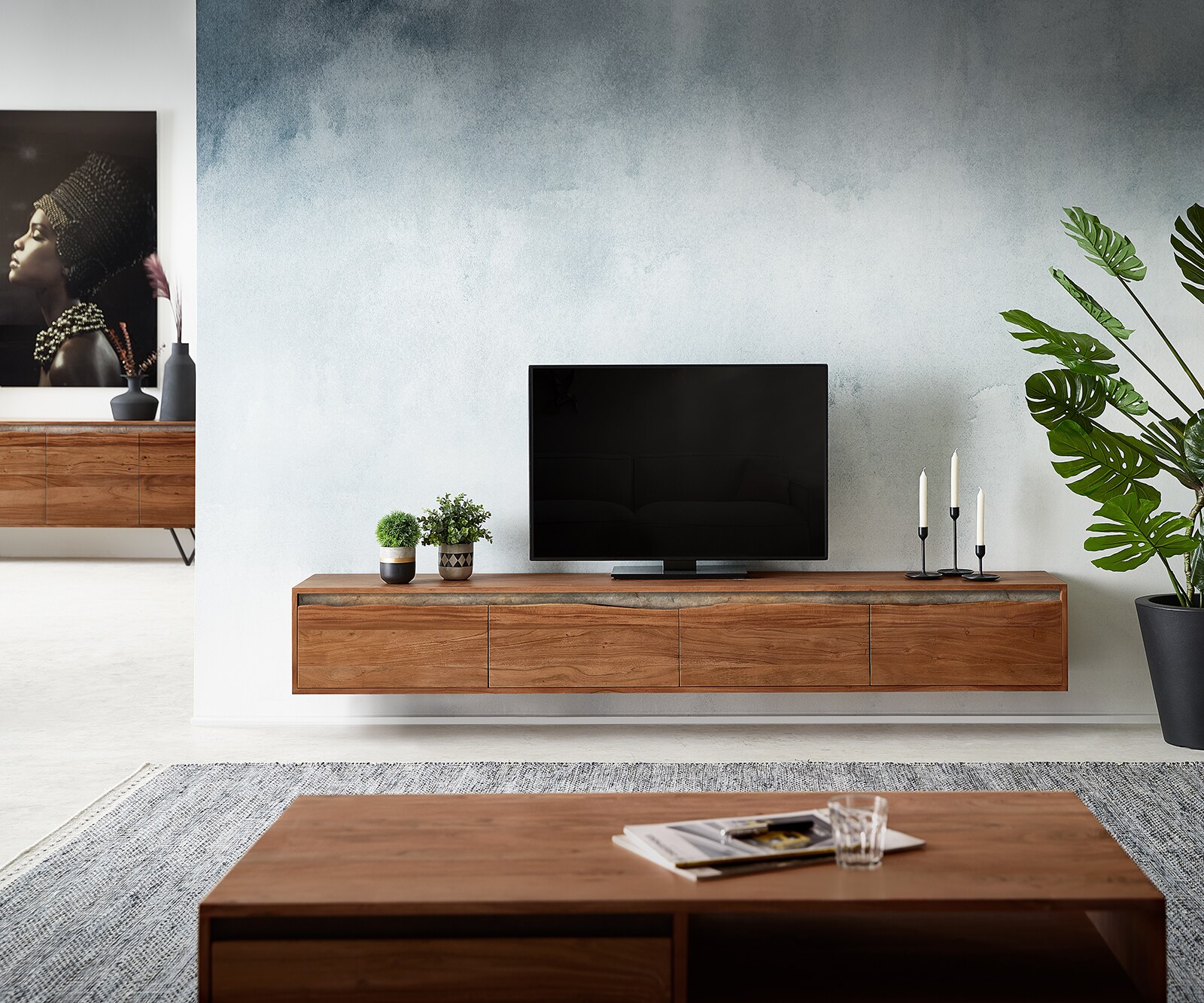 ТВ шкаф 220 cm Акация Кафяв естествен ръб 4 Врати висящ Stonegrace 1