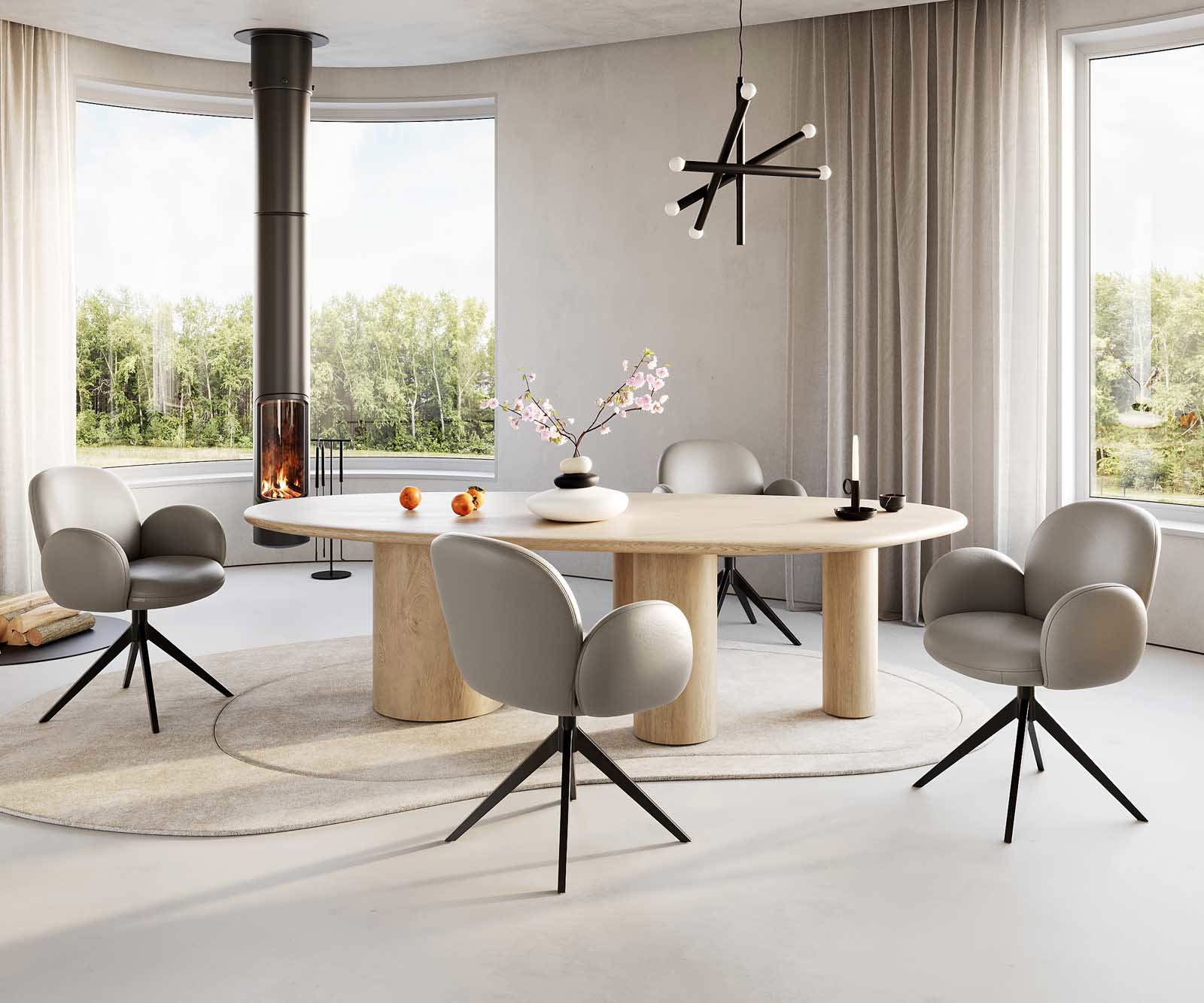 Врътящ се стол с подлакътници Естествена кожа Сиво-Кафяв Конус крак плосък Черен 360° въртящ се Покет пружина Nube-Flex 5