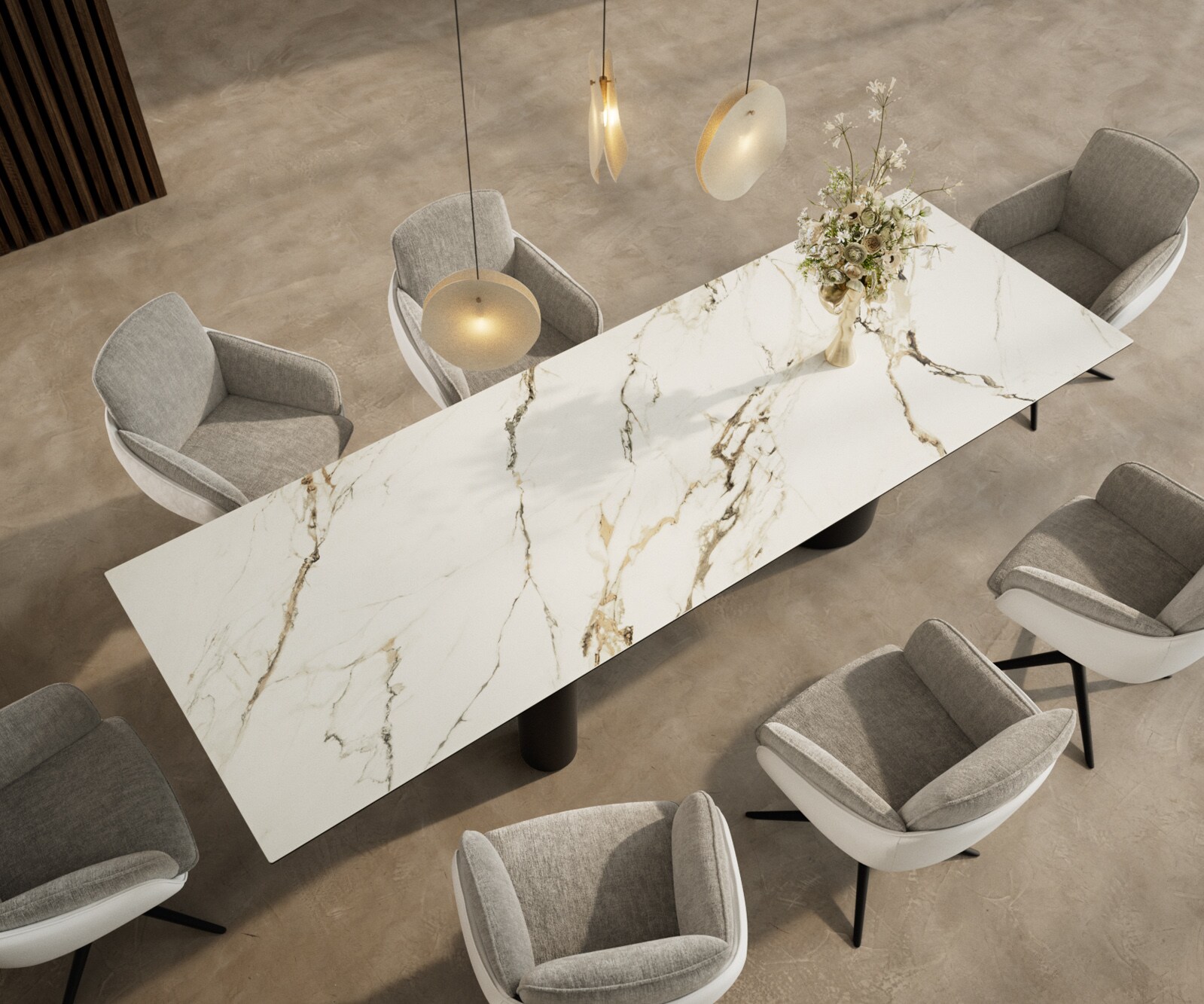 Трапезна маса Edge 300x100, керамика Calacatta Luxe, бяло-златно-сиво, метал Troa, черно 3