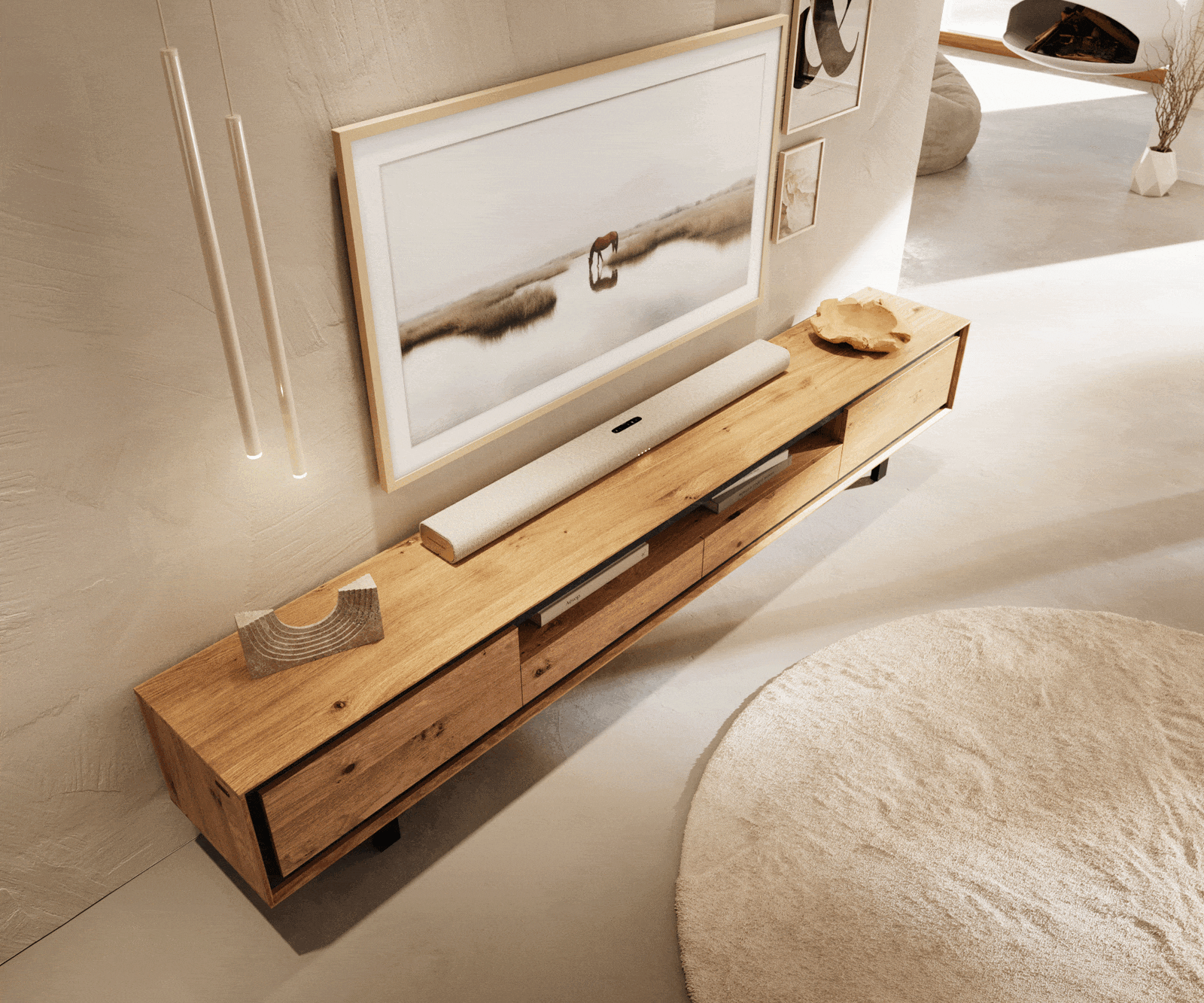 Нисък шкаф Stonegrace 240 cm естествен дъб 2 врати 2 чекмеджета 1 отделение основа квадратен метал черен 4