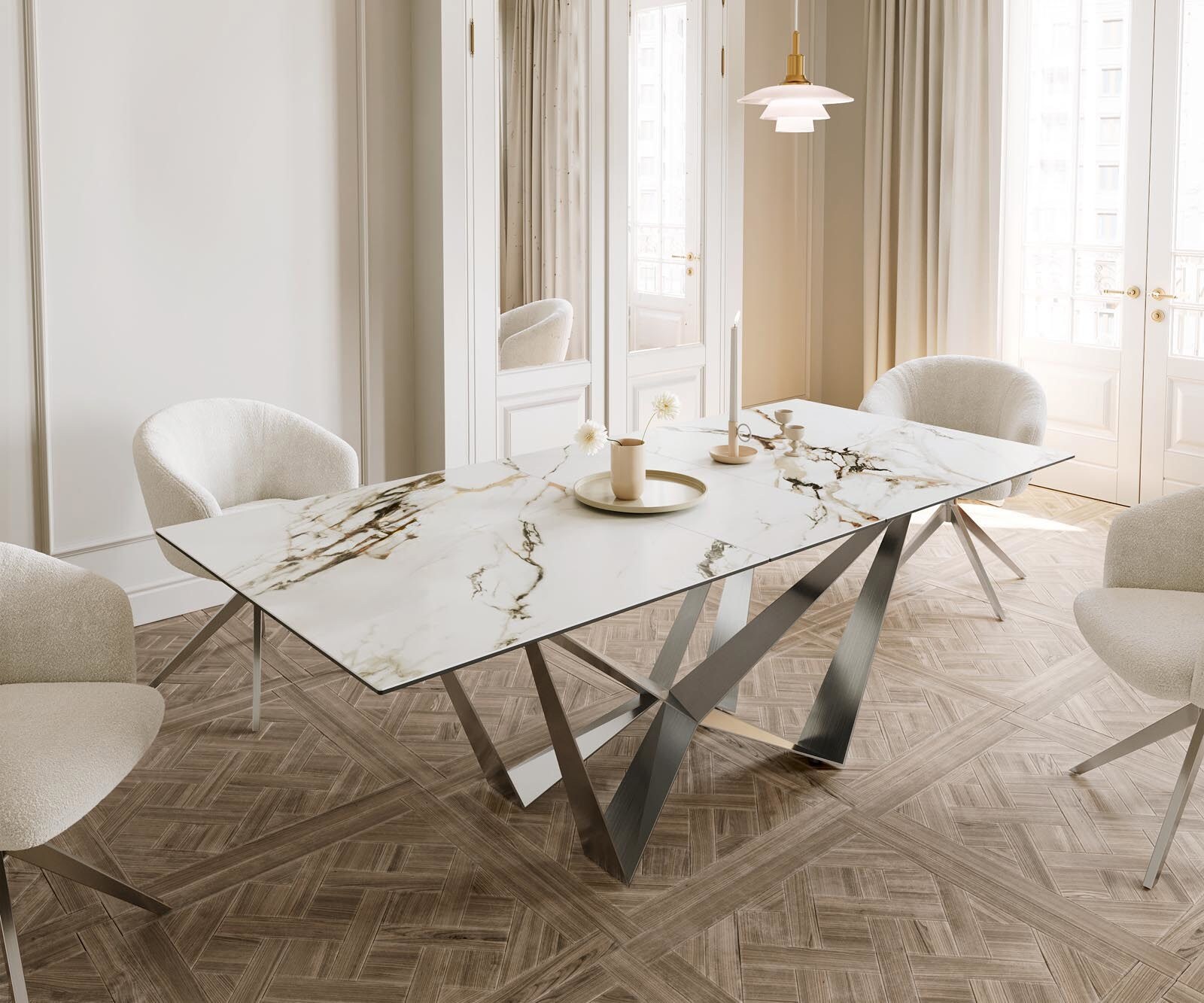 Разтегателна трапезна маса Edge 180-220x100 см Керамика Calacatta Luxe бяло-златисто-сиво Spider основа сребриста